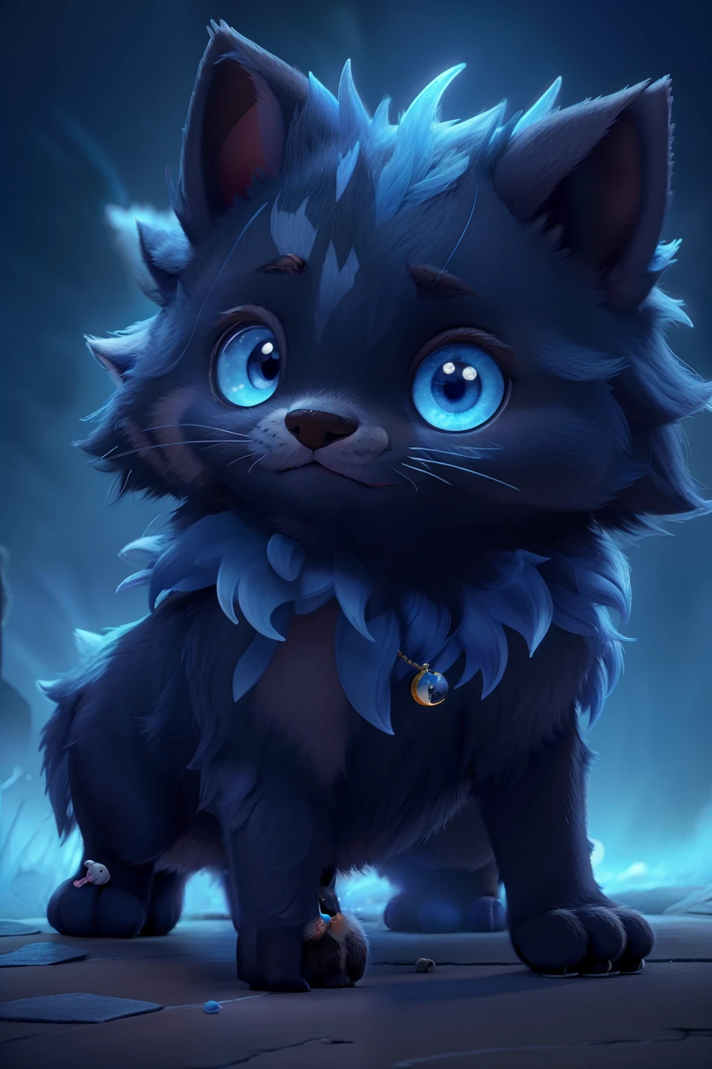 a cute little cub animal an animal a small creature a shadowy black pet with blue lunar details in the midst of a thunderstorm illustration of a cute pet for RPG