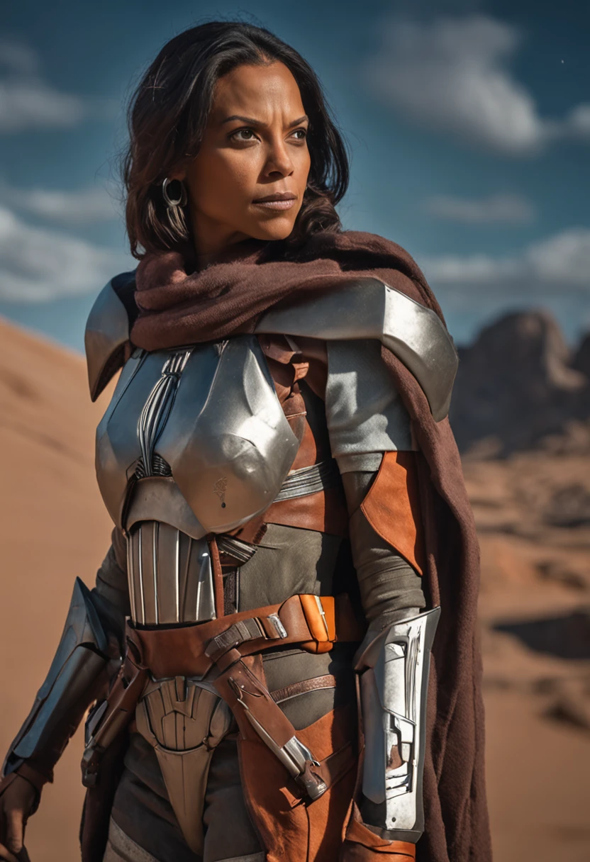 linda mulher, (((inspirada em "Ahsoka Tano" de "Ou Mandaloriano")), (medium breasts:1.5) (dress open to the tits:1.5) ((alien skin type)), ((Autorretrato frontal)), 8k UHD, DSLR, grain of film, pintura fotorrealista Fujifilm XT3 arte midjourney, ((como Rosario Dawson)),