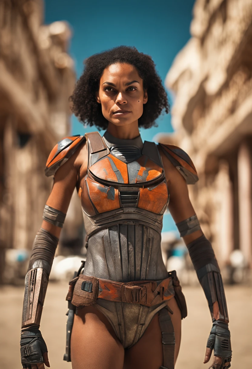 linda mulher, (((inspirada em "Ahsoka Tano" de "Ou Mandaloriano")), (medium breasts:1.5) (dress open to the tits:1.5) ((alien skin type)), ((Autorretrato frontal)), 8k UHD, DSLR, grain of film, pintura fotorrealista Fujifilm XT3 arte midjourney, ((como Rosario Dawson)),