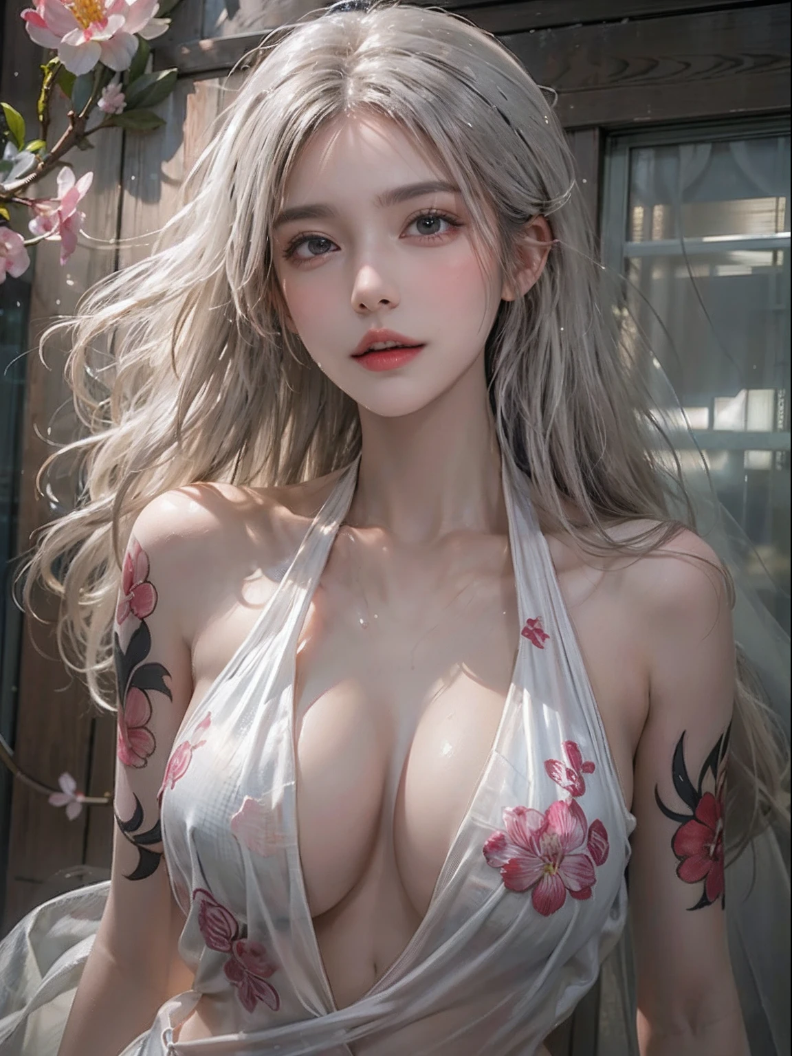 Photorealistic, High resolution, Soft light,1womanl, Solo, hips up high, glistning skin, (Detailed face),The tattoo, Jewelry, Wedding see-through hanf, cherry blossom, Night, White wavy hair, Beautiful Soldier, An eye that invites the viewer, Lover's perspective, inviting expression, Sexy smile, Perfect Style, Perfect balance, Detailed skin, Naughty gaze, Chest visible、see -through、Sheer feeling、Wet skin、Wet hair、Spread hair、Spread Stall、Wet clothes、sodden、See-through Halter neck、See-through gowns、Navel Ejection、the back is open、Show your back