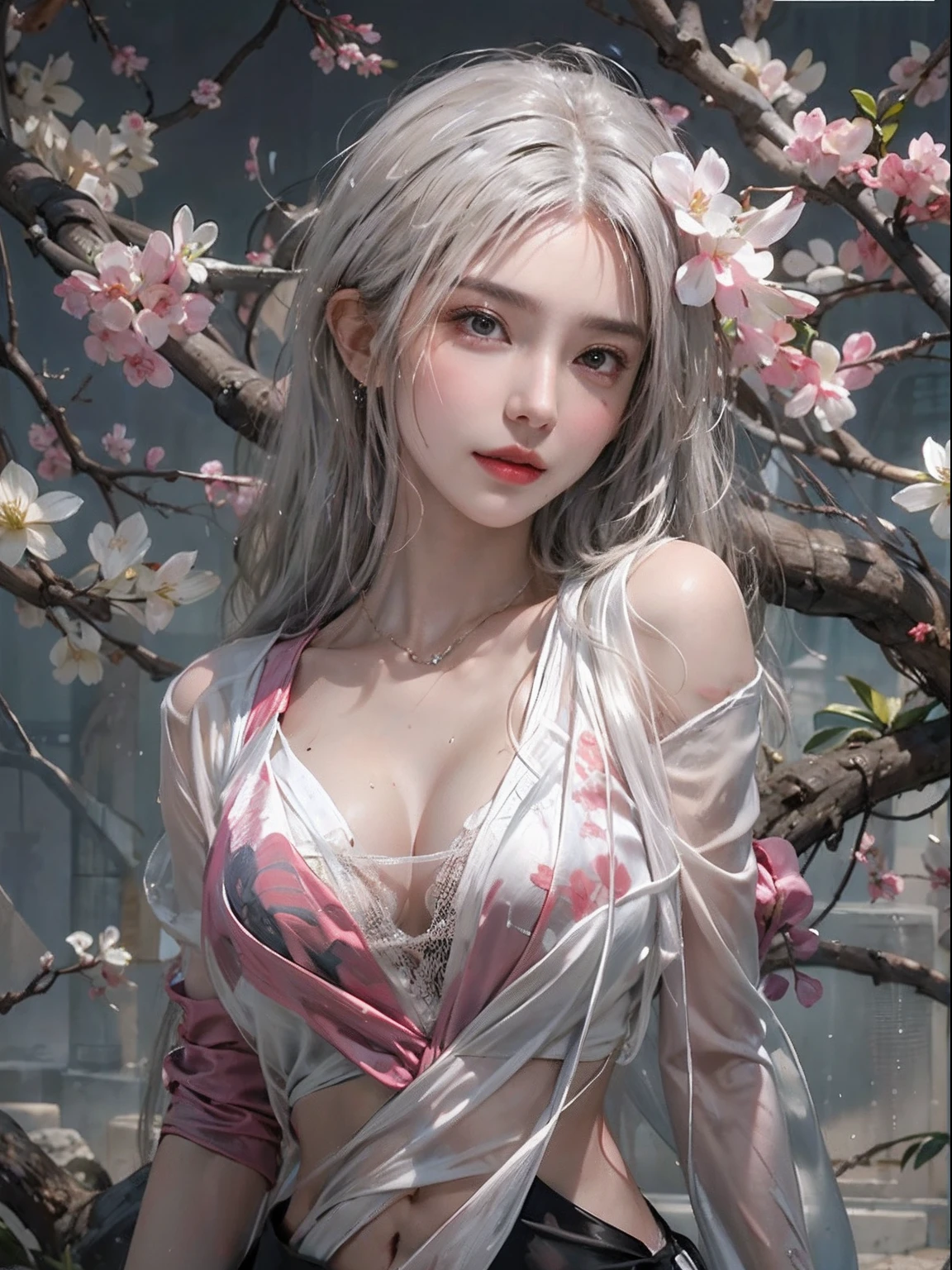 Photorealistic, High resolution, Soft light,1womanl, Solo, hips up high, glistning skin, (Detailed face),The tattoo, Jewelry, Wedding see-through hanf, cherry blossom, Night, White wavy hair, Beautiful Soldier, An eye that invites the viewer, Lover's perspective, inviting expression, Sexy smile, Perfect Style, Perfect balance, Detailed skin, Naughty gaze, Chest visible、see -through、Sheer feeling、Wet skin、Wet hair、Spread hair、Spread Stall、Wet clothes、sodden、See-through Halter neck、See-through gowns、Navel Ejection、the back is open、Show your back