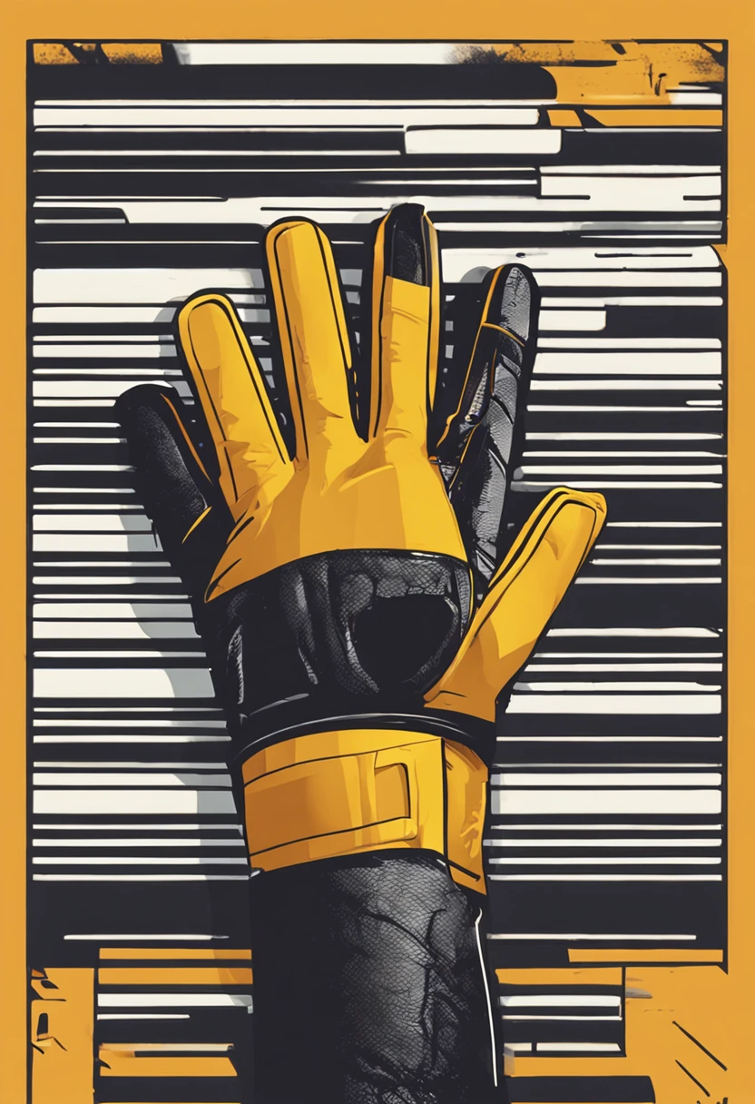 fundo cinza, a hand with a black glove pressing a yellow button