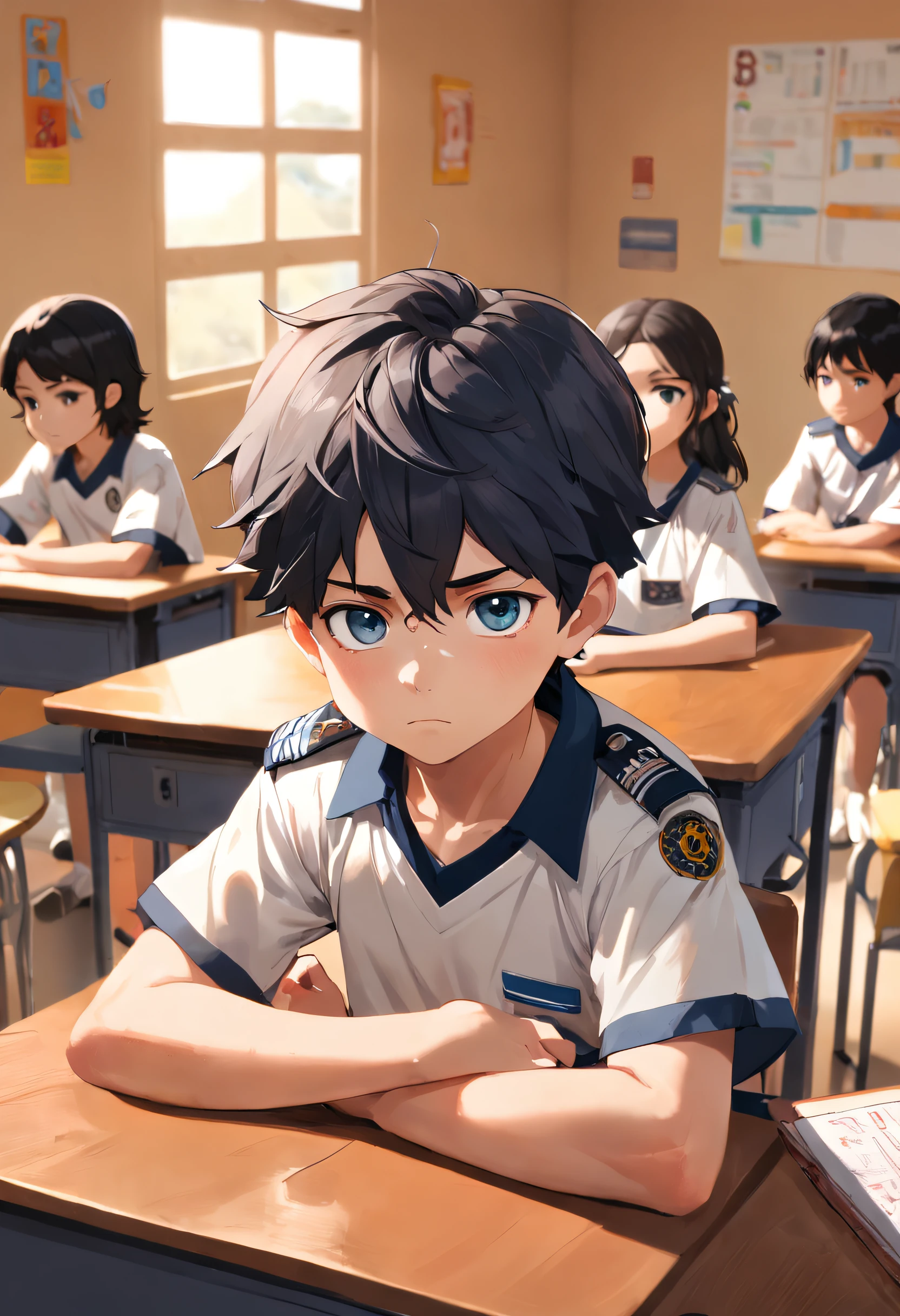 Menino brasileiro de seis anos, fine facial features, pele extremamente branca, cabelos escuros com estrias mais claras, Olhos escuros, wearing a Star Wars-themed shirt over a white elementary school uniform. The boy is sitting at a wooden desk in the classroom, Looking forward with a mixture of apprehension and challenge. Sobre a mesa, uma caixa rotulada como "brinquedos" full of various small items, like toy cars and action figures. High-resolution image aiming for a mix of 3D anime and photorealistic styles. Shot through a 35mm lens for a cinematic feel, with a slight tilt to dramatic effect. Depth of field is shallow, focando no menino e desfocando suavemente o fundo. A paleta de cores inclina-se para tons quentes de terra, with pops of vibrant colors like the Star Wars shirt and toys to contrast the gravity of the situation. In the background, A police officer is at the entrance to the classroom, posicionado no canto direito do quadro, dando ao menino um olhar severo. Another officer is in the left corner, He handcuffed the boy and had a serious conversation with a teacher who seems concerned. Both officers are in uniform, increasing the severity of the situation. The mood suggests the boy is being arrested for an illegal sale operation at the school. The lighting is warm, mas natural, Designing soft shadows and highlights that emphasize facial expressions and textures. Elementos de anime 3D incluem tamanho exagerado dos olhos para o menino e cabelo estilizado. Os elementos fotorrealistas incluem texturas detalhadas na mesa, caixa, and attire, as well as realistic skin shadow and lighting effects. The scene should convey a palpable tension, enhanced by the contrast between the anime and realistic elements.