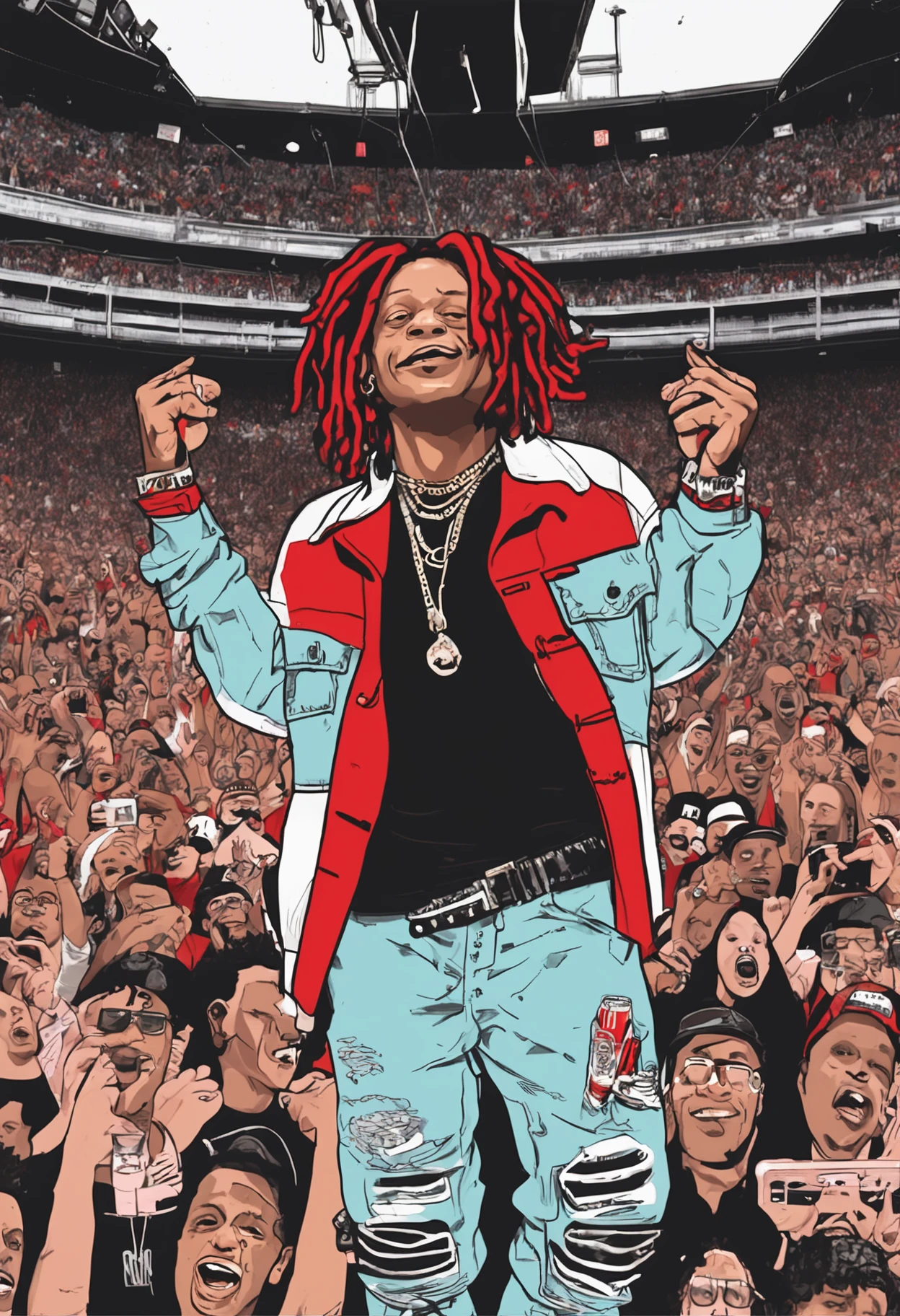 Trippie Redd performing at Budweiser stage in Toronto, Ontario Canada. The Crowd is roaring for Trippie Redd, Trippie Redd is wearing a classic white officially licensed supreme box logo t-shirt.