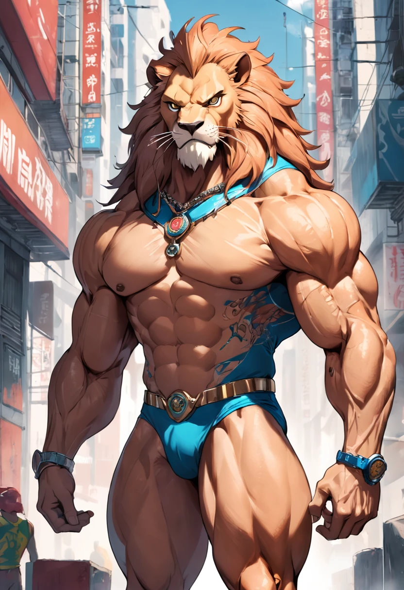 ((foto crua)), ((obra-prima)), Anthropomorphic humanoid lion bodybuilder wearing ((roupas street wear masculino)), andando entre as pessoas, detalhe intrincado, intricate Greebles pieces, 12k, city behind, muscular arms, rabo, small head, giant trapezoid, Ogro monstruoso, Titan, soft-lighting