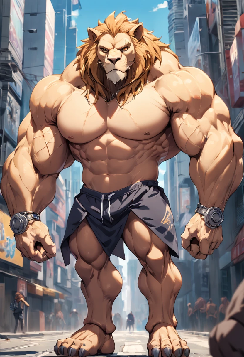 ((foto crua)), ((obra-prima)), Anthropomorphic humanoid lion bodybuilder wearing streetwear clothes, andando entre as pessoas, detalhe intrincado, intricate Greebles pieces, 12k, city behind, muscular arms, small head, giant trapezoid, Ogro monstruoso, Titan, soft-lighting