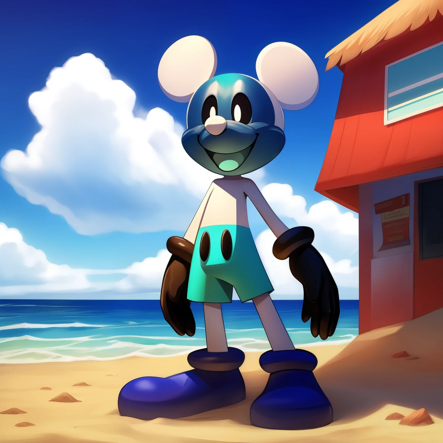 Mickey Mouse, black gloves, cyan tongue, black eyes with white pupils, open smile, staring at the viewer, enjoying the place, dynamic angle, beach background, detailed art, palm trees, intricate details