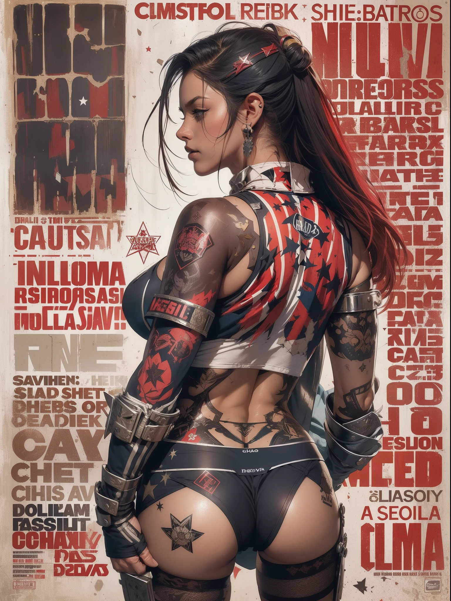 (((mulher))), (((melhor qualidade))), (((obra prima))), (((adulto))), (((1girl))), ((( de costas ))), ((( corte de cabelo bob ))), Uma gladiadora cyberpunk mulher de 25 anos com corpo perfeito, ((( Back view ))), ((( butt ))), shoulder pads with metal spines, Gladiadores do Brooklyn, (( corte de cabelo bob )), tiny leather panties, camiseta de time de rugby rasgada, quase nua no estilo selvagem urbano de Simon Bisley para a capa da revista Heavy Metal, Cabelo loiro curto, Minimum clothing, Metal protection on the left arm with intricate graphics, Dark red with white stars and white and navy blue checkerboard pattern, armadura, cheio de pontas e rebites, (((do joelho pra cima))), cabelos loiro branco curto, no fundo uma parede pintada por Shepard Fairey com um design intrincado