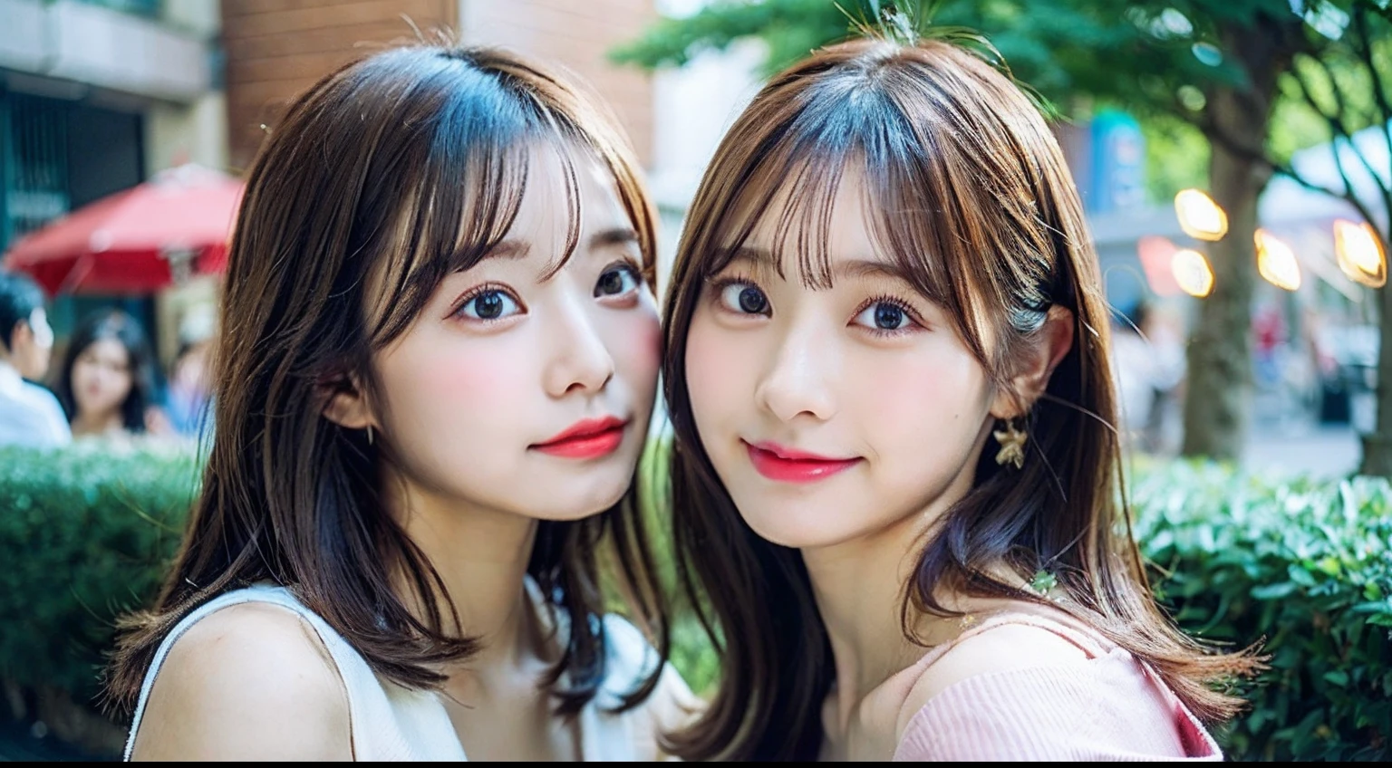 top-quality、超A high resolution、(Photorealsitic:1.4)、(1 girl:1.5)、kawaii eyes、Black eyes、二重まぶた、off shoulder shirt、tight skirts、(dark brown hair:1)、looking at viewert、a closeup、cafes、Light pink lips