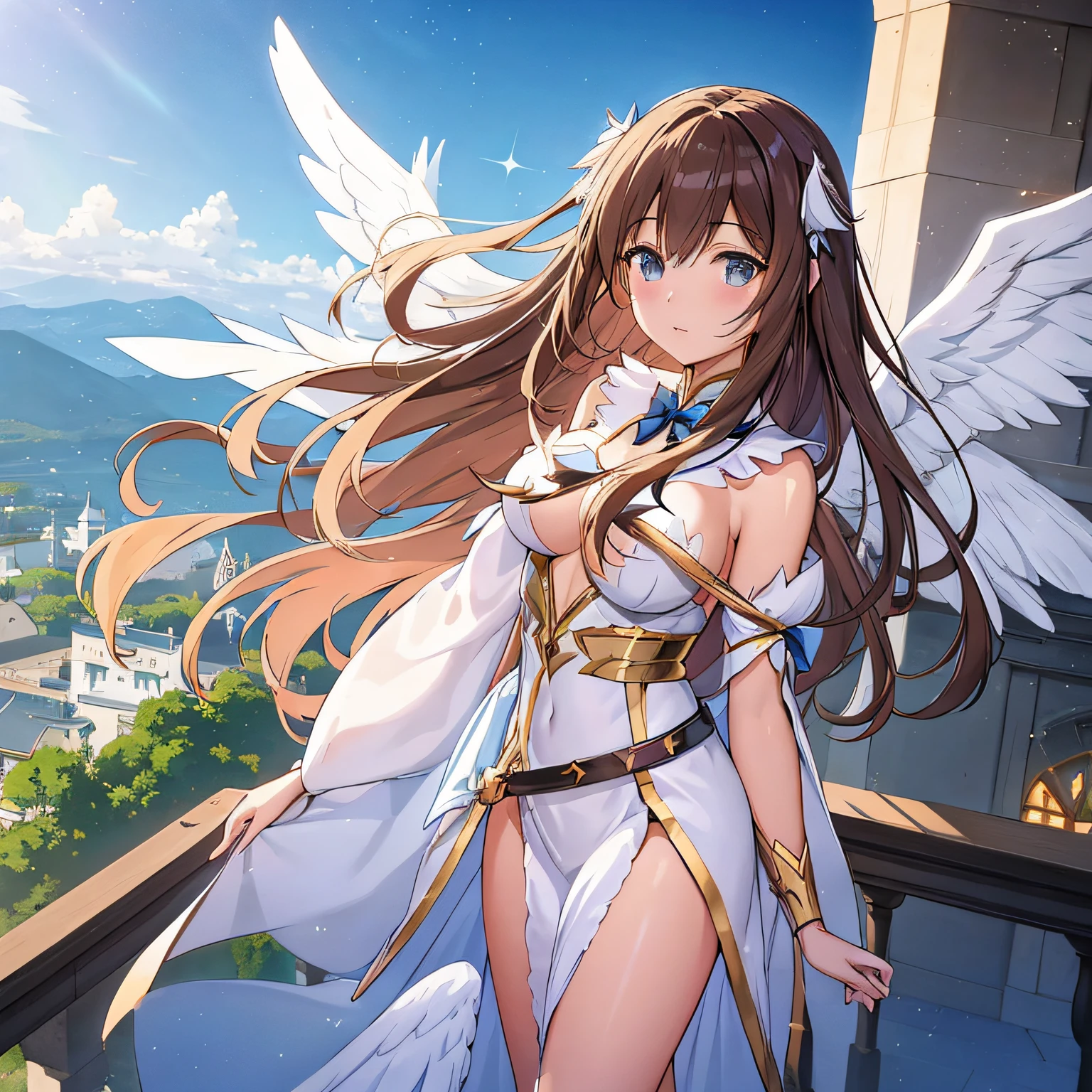 anime girl with long hair and wings standing on a balcony, angel knight girl, anime goddess, full - body majestic angel, hestia, beautiful fantasy anime, high detailed official artwork, epic light novel art cover, beautiful anime girl, official art, of an beautiful angel girl, 4 k manga wallpaper, angelic purity, beautiful angel, winged girl angel, official anime artwork