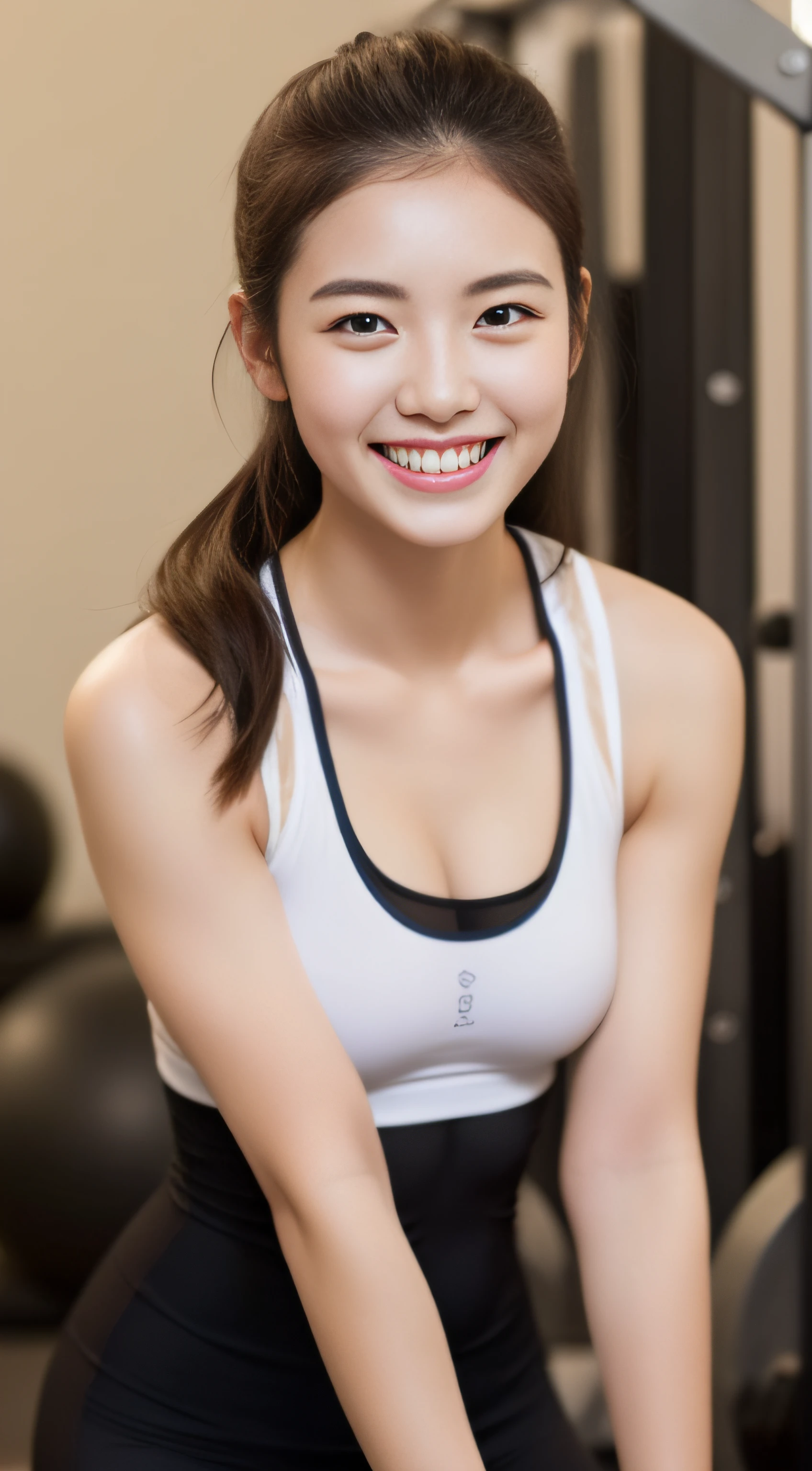 training gym、hiquality、A hyper-realistic、healthy、Smiling expression、Slender perfect figure、Japan beauties、Beautiful eyes、Beautiful double、Beautiful skin