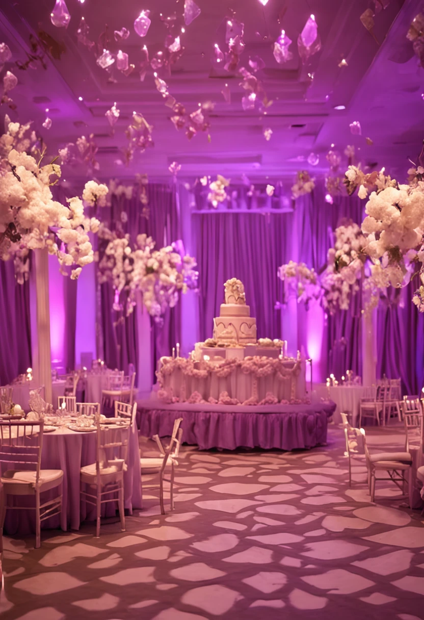 Foto realista, scenecy, hall with white columns, coloque faixas de tecido roxo entre as colunas, lilac lighting coming from the left, no centro da imagem ao fundo coloque uma mesa, On the table place a decorated birthday cake, use uma textura realista, lighting should come from the ceiling