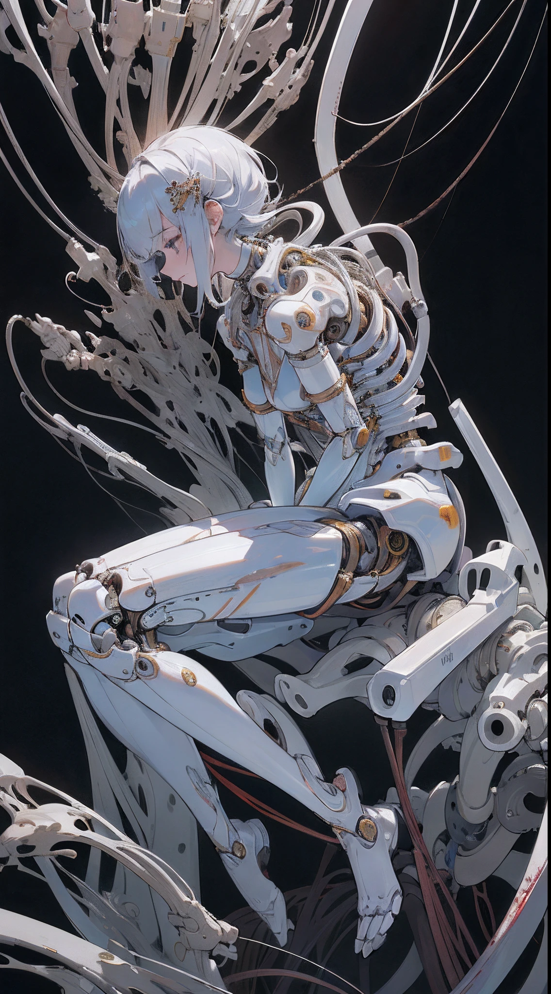 (masterpiece, top quality, best quality, official art, beautiful and aesthetic:1.2), (1girl:1.3), extreme detailed,colorful,highest detailed ((ultra-detailed)), (highly detailed CG illustration), ((an extremely delicate and beautiful)),(from side),cinematic light,((1mechanical girl)),solo girl,full body,(machine made joints:1.2),((machanical limbs)),(blood vessels connected to tubes),(mechanical vertebra attaching to back),((mechanical cervial attaching to neck)),(sitting),expressionless,(wires and cables attaching to neck:1.2),(wires and cables on head:1.2)(character focus),science fiction,black background, machines are attached to joints, multiple arms, white hair, white skin, bones