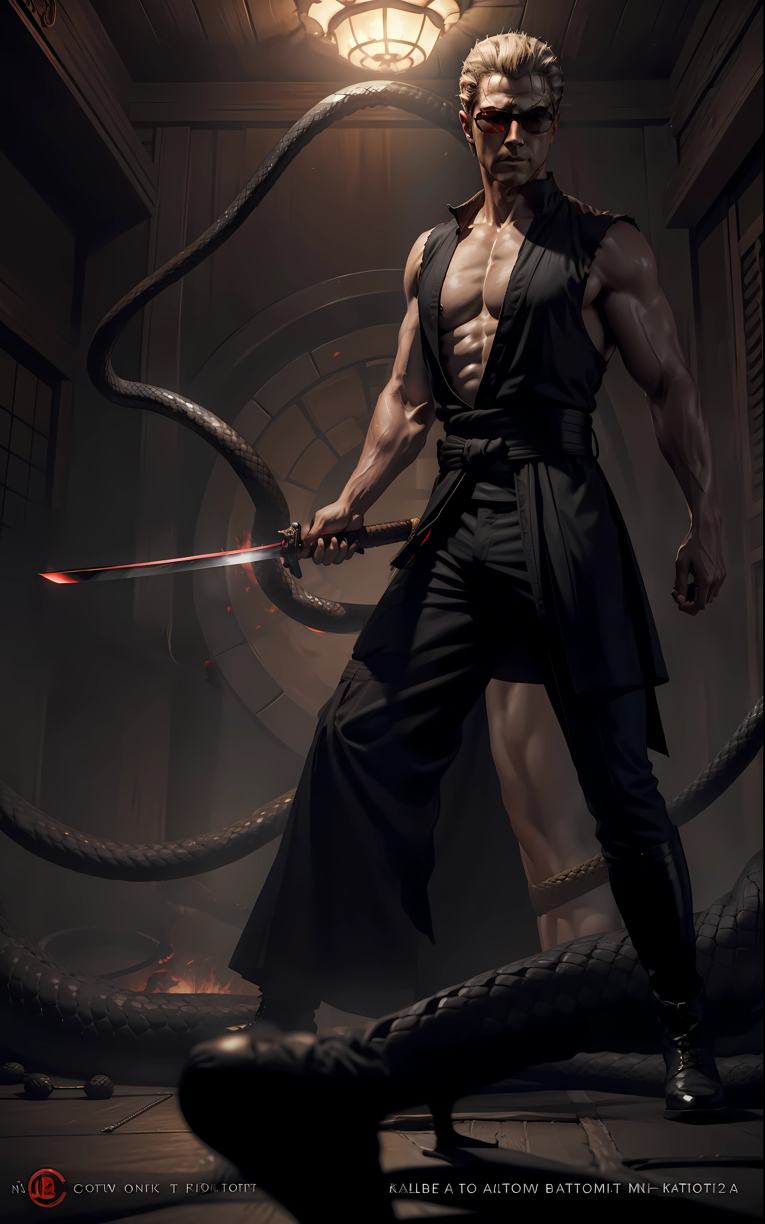 ((Albert Wesker)), shirtless:1.2, wearing elegant Japanese hakama, black boots, wearing circular sunglasses, glowing red eyes, middle aged man, blonde top knot, surrounded by snakes, in a dark dojo, holding a cursed katana:1.3