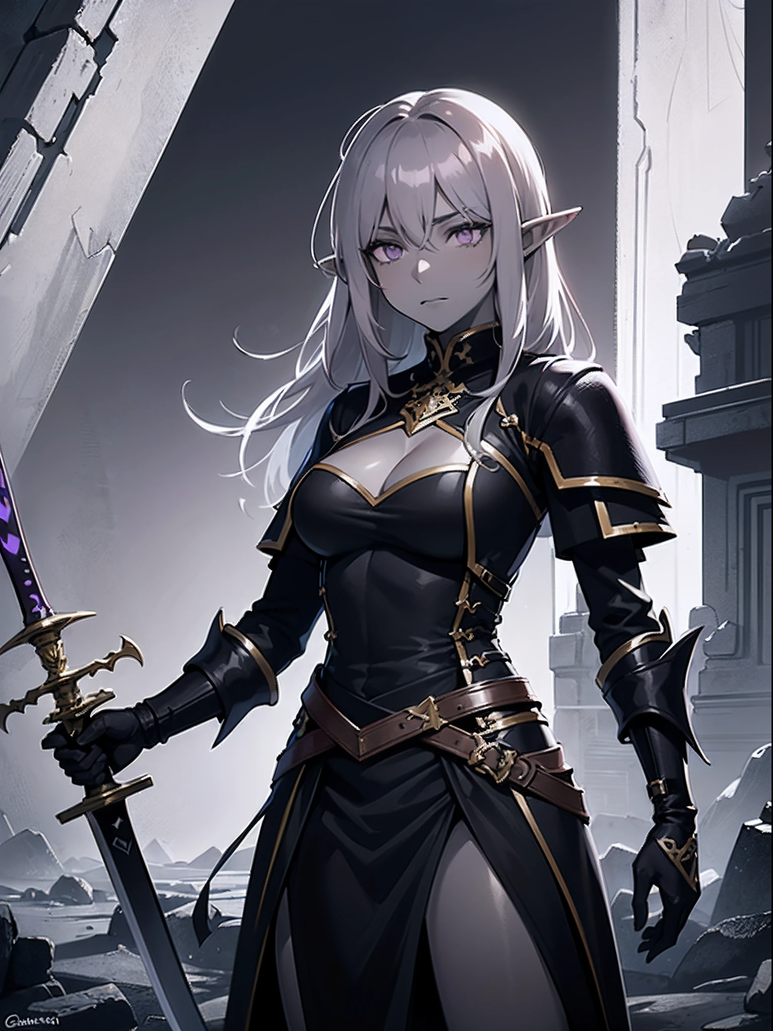 (medium portrait:0.7), (fantasy art:1.5), female, solo, (elf:1.3), (dark-gray skin:1.4), (long messy gray hair:1.5), (purple eyes:1.3), tall, medium breasts, stern look on her face, (black battle outfit:1.4), (holding a longsword in one hand:1.4), standing, gray ruins in the background, (best illumination:1.1)