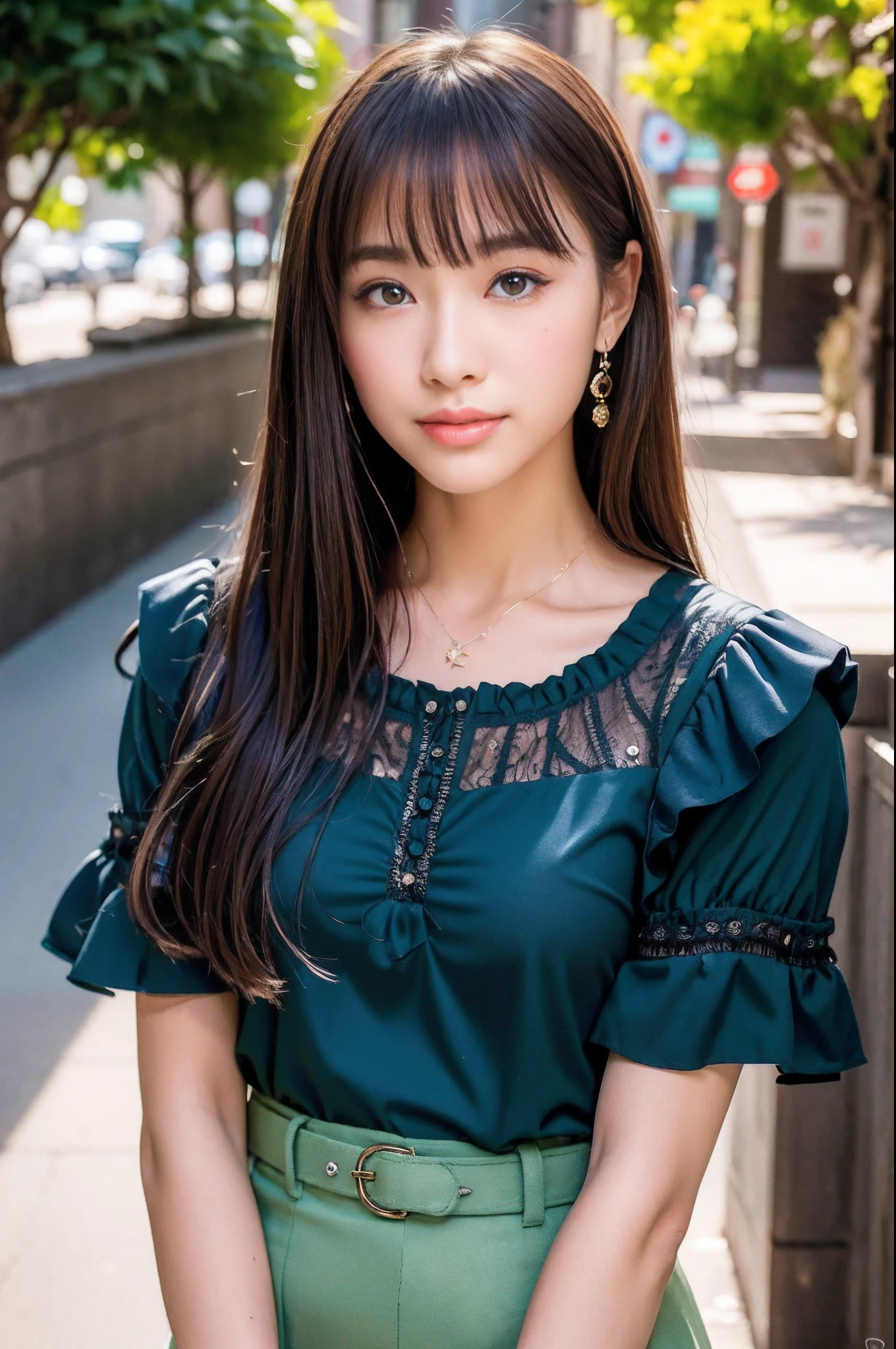 (8k, RAW photo, best quality, masterpiece:1.2), ultra detailed, ultra high res,
(realistic, photo realistic:1.37), high detail RAW color photo, professional photograph,
an extremely delicate and beautiful, extremely detailed, 8k wallpaper, Amazing, finely detail, huge file size, official art, extremely detailed CG unity 8k wallpaper,
extremely detailed beautiful girl, extremely detailed face, extremely detailed eyes, extremely detailed skin, extremely detailed fingers, extremely detailed nose, extremely detailed mouth, perfect anatomy, highly detailed background, highly intricate background, extremely detailed clothing,
1girl, (18 years old:1.2), teenage, cute girl, famous japanese idol, kawaii,
realistic body,
fair skin, shiny skin, slender body, good figure,
black hair, long straight hair, (blunt bangs:1.2),
smile, cute, young, cute face, pretty face, realistic face, small face,
beautifully detailed eyes, drooping eyes, beautiful big eyes, large dark eyes, beautiful and clear eyes,
(frill blouse:1.2), short sleeve, skirt, belt, necklace, earrings,
looking at viewer, (cowboy shot:1.2), front view, standing posture, contrapposto,
outdoors, (daytime:1.2), cityscape, depth, Tokyo, street,
professional lighting,