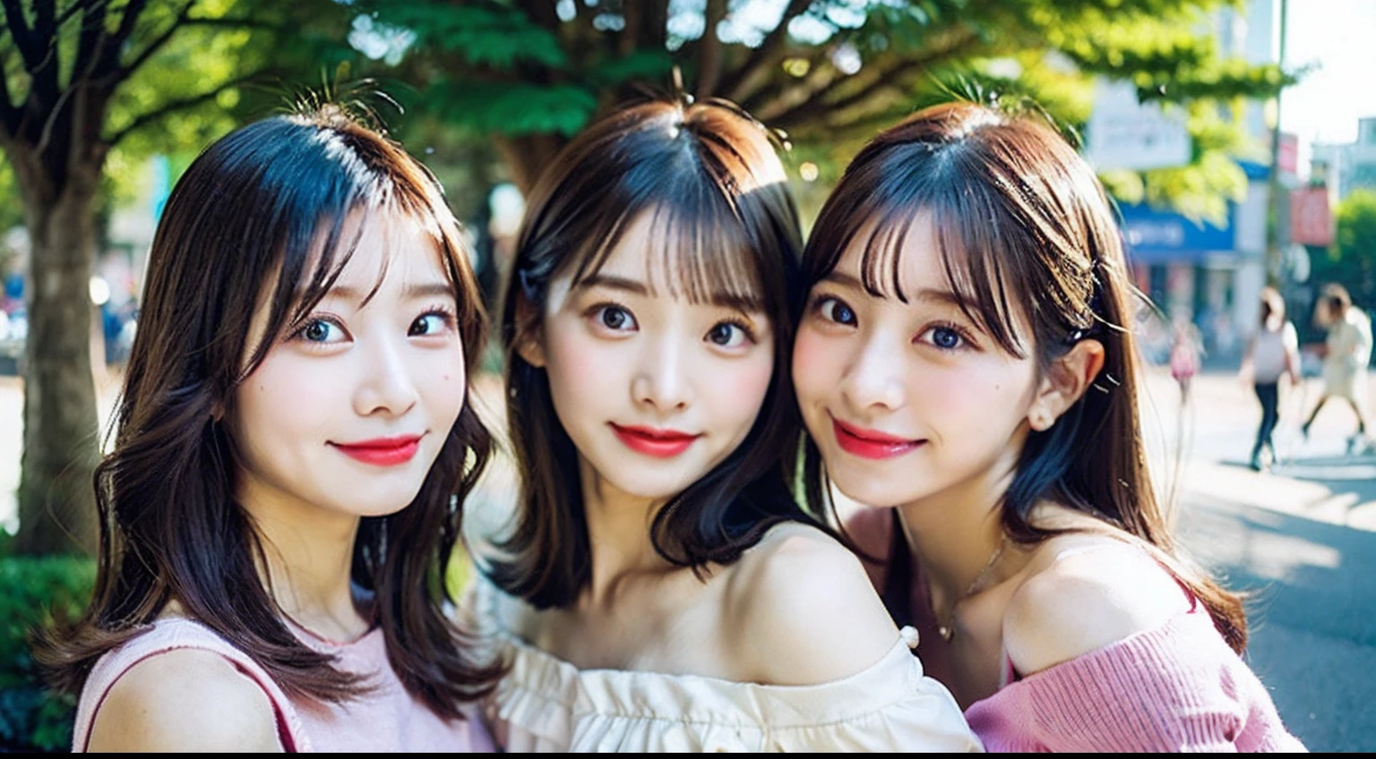 top-quality、超A high resolution、(Photorealsitic:1.4)、(1 girl:1.5)、kawaii eyes、Black eyes、二重まぶた、off shoulder shirt、tight skirts、(dark brown hair:1)、looking at viewert、a closeup、cafes、Light pink lips