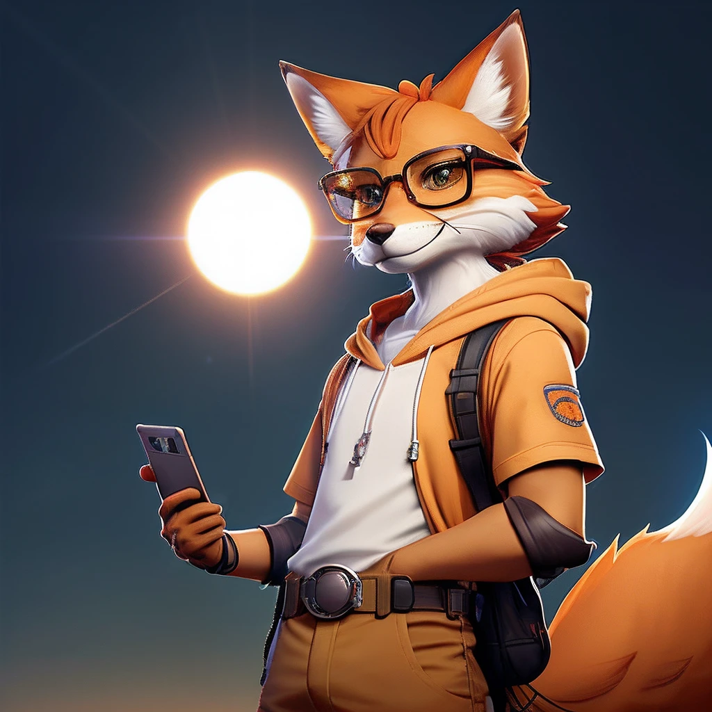SUN BACKGROUND 3D effect depth of fields,perfect lighting,light particles,(best quality),(tmasterpiece),(Ultra - Detailed),sharp focus,light particles,Niji,fox,male,god eyes,green_eye,Looking_in_viewer ,smile ,alone,furry,bug_ear_fluff,open sky_Attire,One hand crossed waist,upper body,tail,short sleeve shirt,eye glasses,sunbeams,soft smile,from below,holding coffee(Fox, furry, anthropomorphic), Male, Best quality, human-like body figure), looking at viewer in orange hoodie and sunglasses holding cell phone, fox, avatar image, with futuristic outfit, CGSetnation ),like, professional art, CGsociety - W 1 0 2 4 - N 8 - I,The name is Kan, your name is Kan