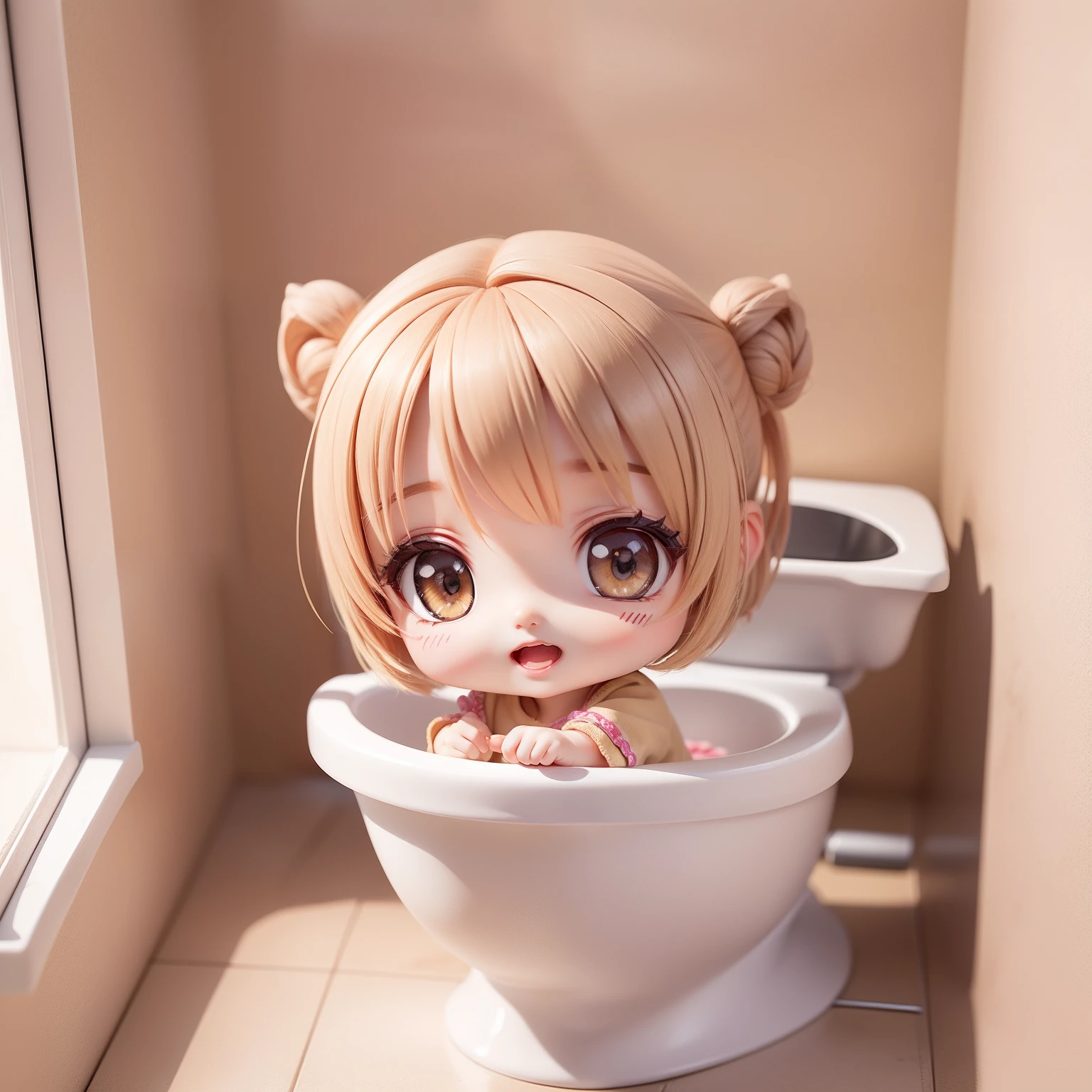 Cute Chibi Anime,Super masterpiece, top-quality, Ultra-detailed, girl1、((((Chibi)))、Beige Shorthair、Open your mouth and smile、Chibi Toilet Room、siting on a toilet🚽、Shelf decoration、Looking at the camera、Fulll body Shot、