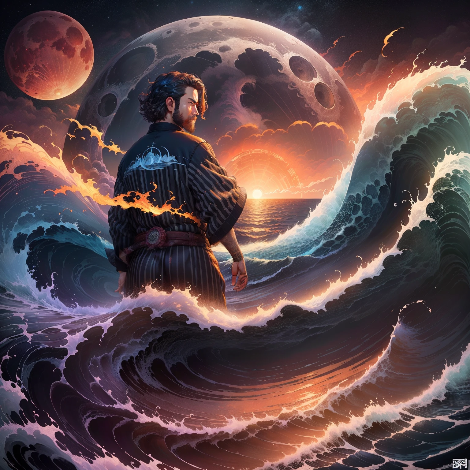 a painting of waves in front of a full moon, ( ( ( ( ( dan mumford ) ) ) ) ), beautiful render of tang dynasty, swirls of fire, inspired by Katsuchika Hokusai, praise the blood moon, ocean spray, shirt art, beautiful avatar pictures, by Ahmed Karahisari, eruption, beautiful and mysterious