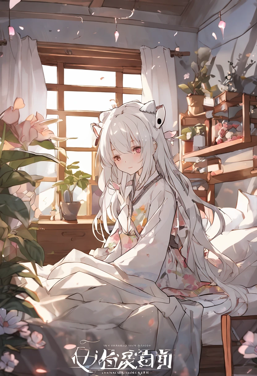 Painting Style - Manga) (Bed at home) (Character - Cat-eared girl) (Hairstyle - long hair + White hair color+cat ear) (Costume - pajamas with floral prints + Quilt)
