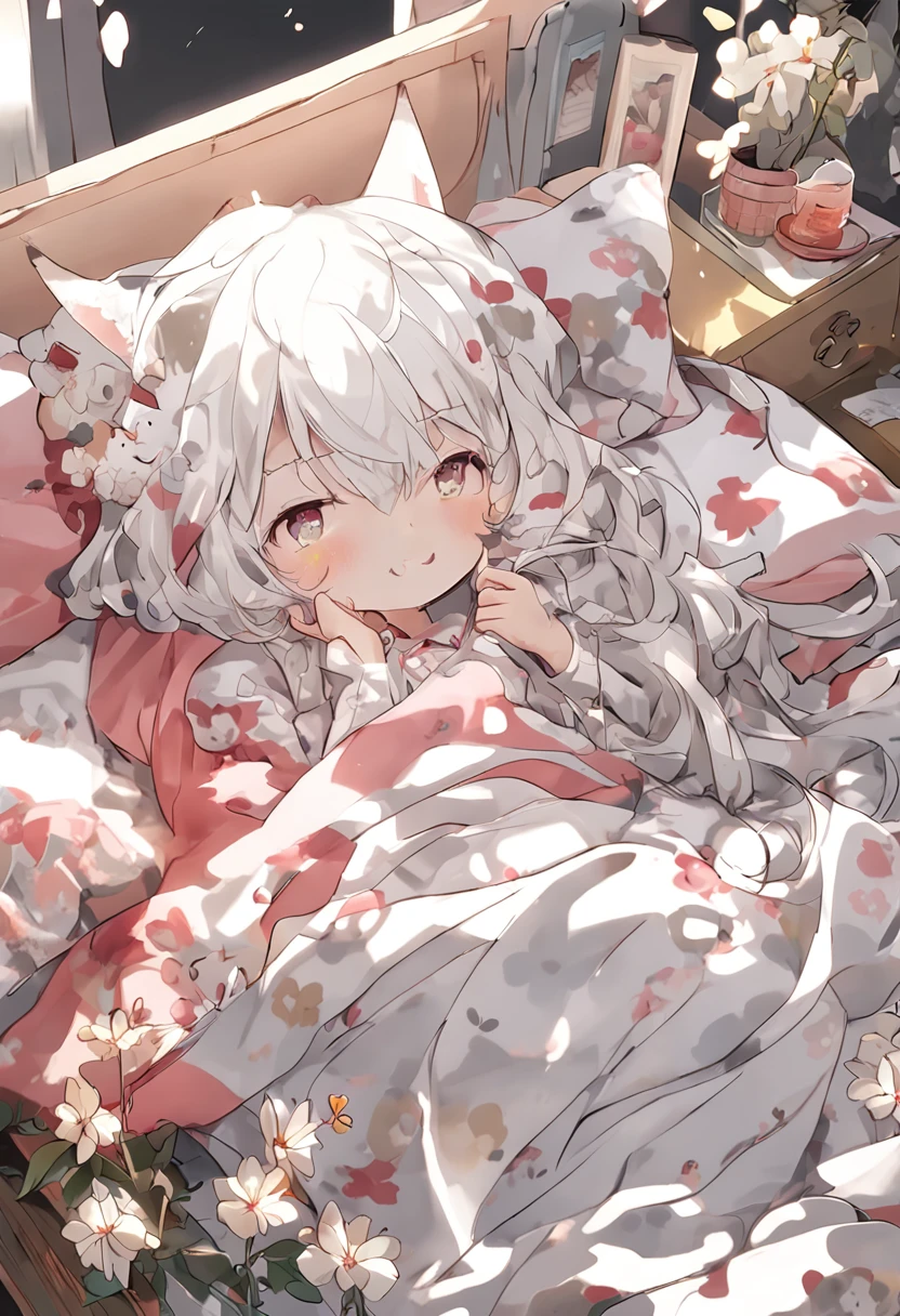 Painting Style - Manga) (Bed at home) (Character - Cat-eared girl) (Hairstyle - long hair + White hair color+cat ear) (Costume - pajamas with floral prints + Quilt)