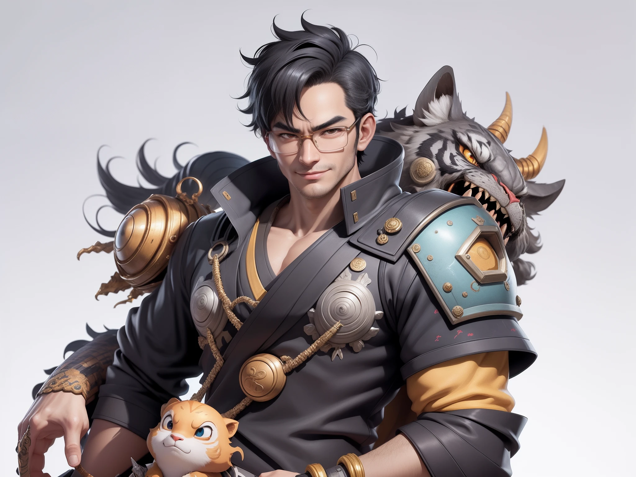 (Masterpiece), (Excellent), (Super Meticulous), (Full Body: 1.2), Super Young Man with Japanese Female Geisha, Pretty, Beautiful, Chinese Dragon, Tiger, Wind God Thor, Sexy, Bursting, Oriental Face, TV Anchor, Bust Portrait Illustration, Black Suit, Blue Tie, Slightly Chubby Face, Silver Glasses, Very Clean Face, No Beard on Chin, Black Super Short Hair, Black Eyes, Confident Smile, 3c Computer Sub-Products, iPad, iPhone, Digital Painting, 3D character design by Mark Clairedon and Pixar and Hayao Miyazaki and Akira Toriyama, the illustrations are HD illustrations in 4K resolution with highly detailed facial features and cartoon-style visuals.