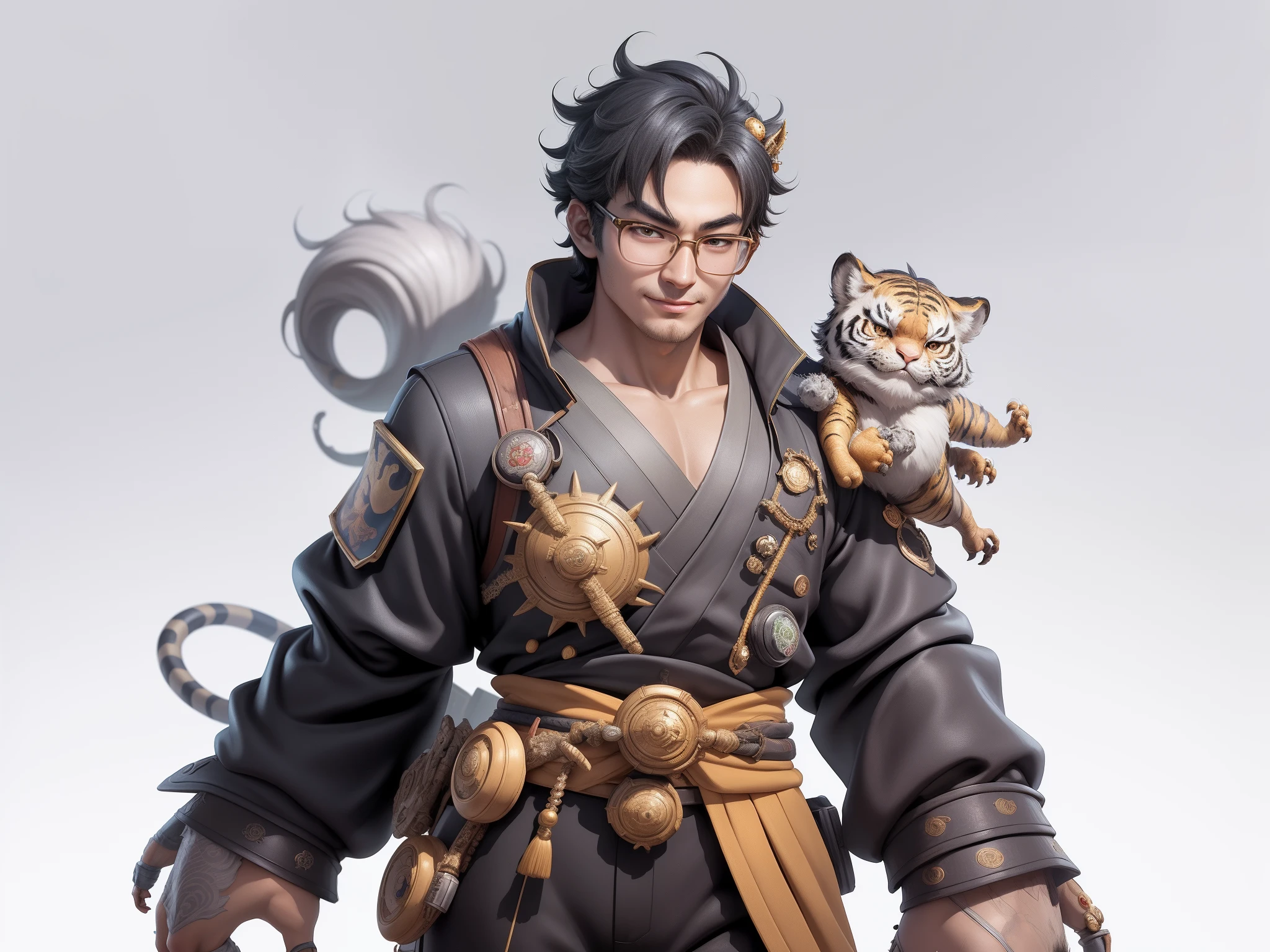 (Masterpiece), (Excellent), (Super Meticulous), (Full Body: 1.2), Super Young Man with Japanese Female Geisha, Pretty, Beautiful, Chinese Dragon, Tiger, Wind God Thor, Sexy, Bursting, Oriental Face, TV Anchor, Bust Portrait Illustration, Black Suit, Blue Tie, Slightly Chubby Face, Silver Glasses, Very Clean Face, No Beard on Chin, Black Super Short Hair, Black Eyes, Confident Smile, 3c Computer Sub-Products, iPad, iPhone, Digital Painting, 3D character design by Mark Clairedon and Pixar and Hayao Miyazaki and Akira Toriyama, the illustrations are HD illustrations in 4K resolution with highly detailed facial features and cartoon-style visuals.