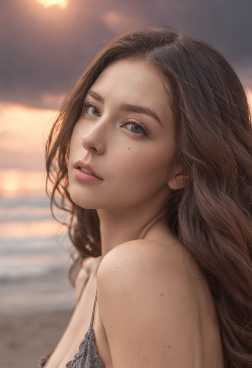 photo of a sexy looking girl sad in the beach, , big bare breasted, topless, naked bottom, sky full of clouds, lightning in the clouds of the explosion, sadness, petite, perfect body, (Skin texture), perfect round medium size boobs, 18 years old, beautiful face, majestic, beautiful, goddess, incredible, fear and erotic expression on her face, long curly hair, storm, Complex position, big sky, realistic, detailed, masterpiece, extra film grain, professional lighting, professional photography, neutral colors, muted colors, natural lights, photo realistic, good composition, 4k, high definition