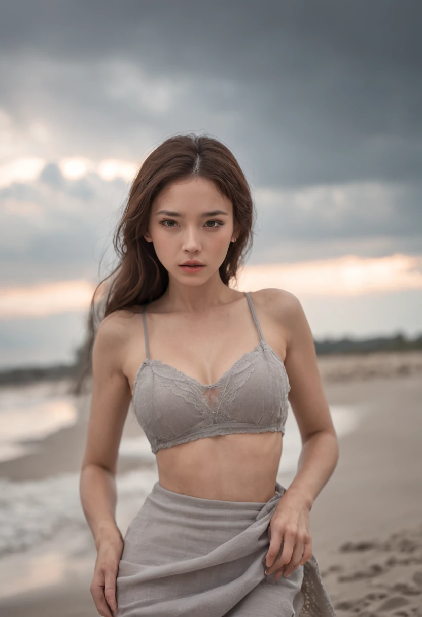 photo of a sexy looking girl sad in the beach, , big bare breasted, topless, naked bottom, sky full of clouds, lightning in the clouds of the explosion, sadness, petite, perfect body, (Skin texture), perfect round medium size boobs, 18 years old, beautiful face, majestic, beautiful, goddess, incredible, fear and erotic expression on her face, long curly hair, storm, Complex position, big sky, realistic, detailed, masterpiece, extra film grain, professional lighting, professional photography, neutral colors, muted colors, natural lights, photo realistic, good composition, 4k, high definition