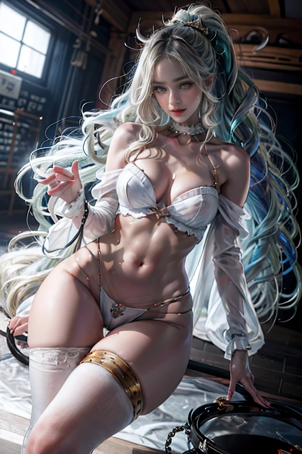 (A hyper-realistic), (illustratio), (hight resolution), (8K), (ighly detailed), (The best illustrations), (beatiful detailed eyes), (top-quality), (ultra-detailliert), (​masterpiece), (wall-paper), (详细的脸), ソロ1女の子, White wavy hair, Korea person, Iris heterochromic eyes, small moles under eyes, Loose white shirt, yoga pant,, long legged, Tight abs, camel's toe, dynamicposes、Realistic pretty woman、reallistic