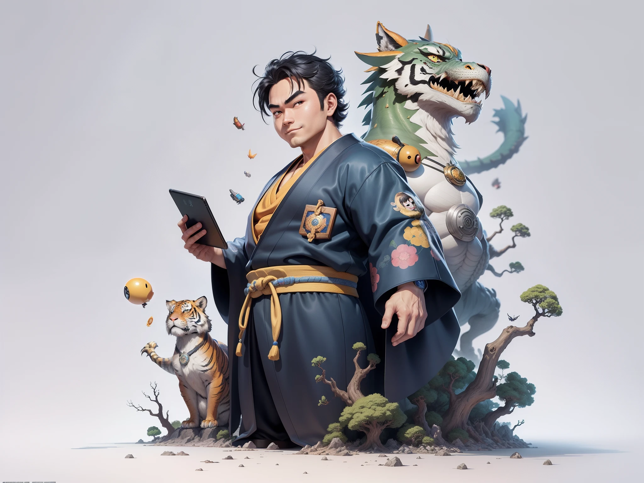 (Masterpiece), (Excellent), (Super Meticulous), (Full Body: 1.2), Super Young Man, Oriental Face, Japanese Kimono, Japanese Wind Thunder God, Dragon, Tiger, TV Anchor, Bust Portrait Illustration, Alone, Black Suit, Blue Tie, Slightly Chubby Face, Very Clean Face, No Beard, Black Super Short Hair, Black Eyes, Confident Smile, 3c Computer Sub-Products, iPad, iPhone, Digital Painting, 3D Character Design by Akira Toriyama and Mark Claireden and Pixar and Hayao Miyazaki, The illustration is a high-definition illustration in 4K resolution with very detailed facial features and cartoon-style visuals.