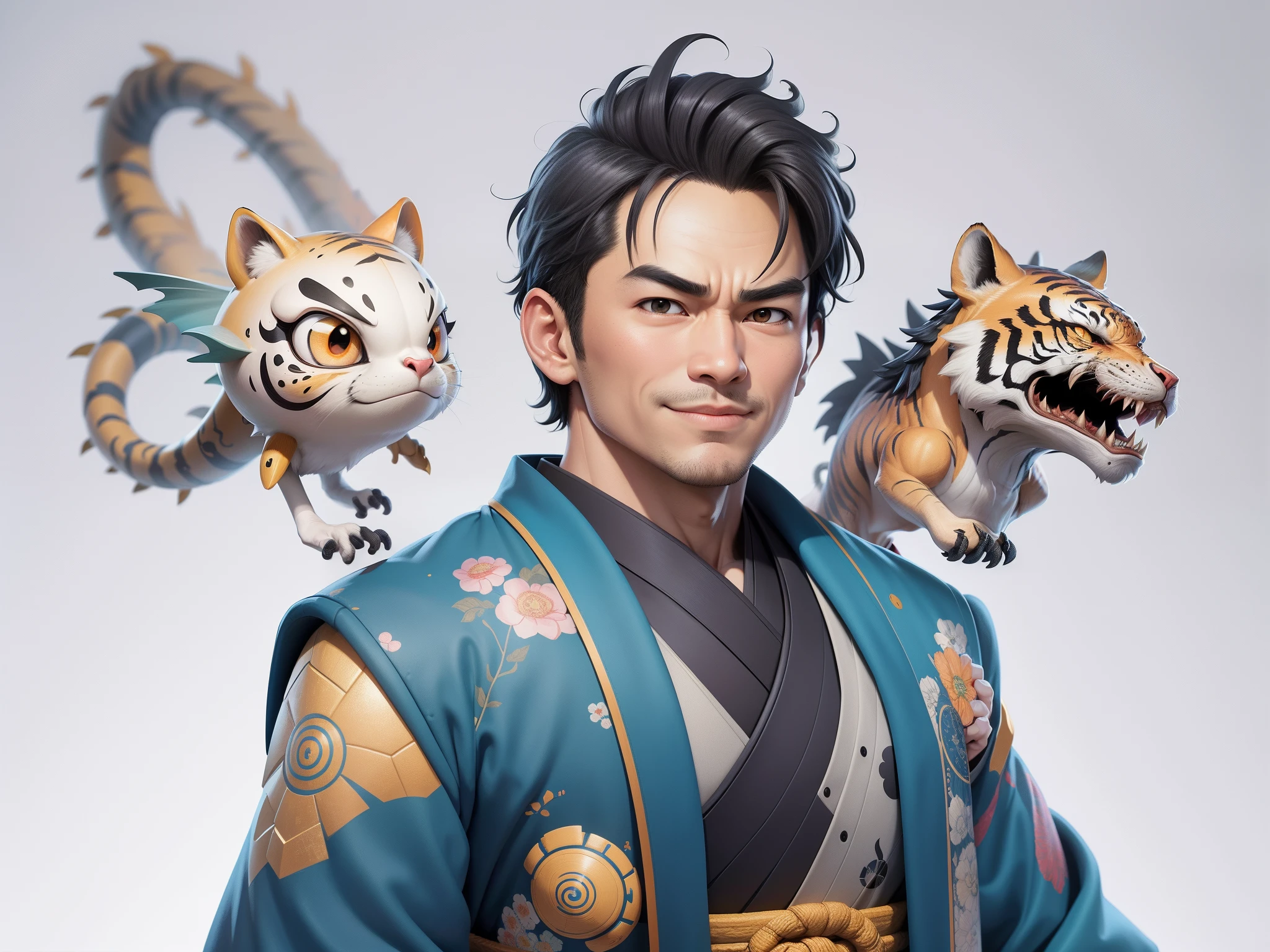 (Masterpiece), (Excellent), (Super Meticulous), (Full Body: 1.2), Super Young Man, Oriental Face, Japanese Kimono, Japanese Wind Thunder God, Dragon, Tiger, TV Anchor, Bust Portrait Illustration, Alone, Black Suit, Blue Tie, Slightly Chubby Face, Very Clean Face, No Beard, Black Super Short Hair, Black Eyes, Confident Smile, 3c Computer Sub-Products, iPad, iPhone, Digital Painting, 3D Character Design by Akira Toriyama and Mark Claireden and Pixar and Hayao Miyazaki, The illustration is a high-definition illustration in 4K resolution with very detailed facial features and cartoon-style visuals.
