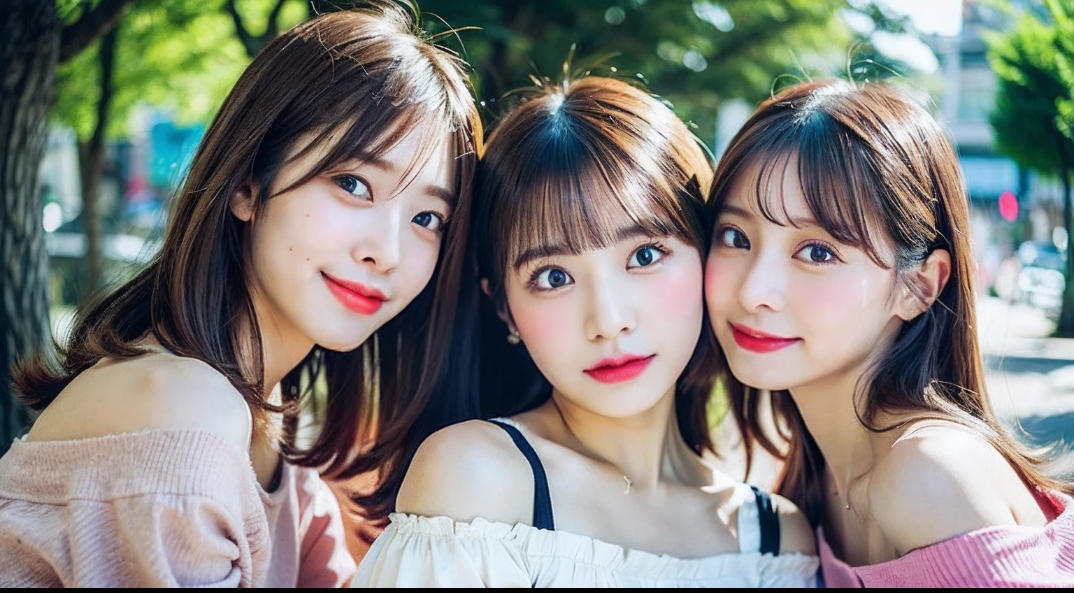 top-quality、超A high resolution、(Photorealsitic:1.4)、(1 girl:1.5)、kawaii eyes、Black eyes、二重まぶた、off shoulder shirt、tight skirts、(dark brown hair:1)、looking at viewert、a closeup、(cafes:1.2)、Light pink lips