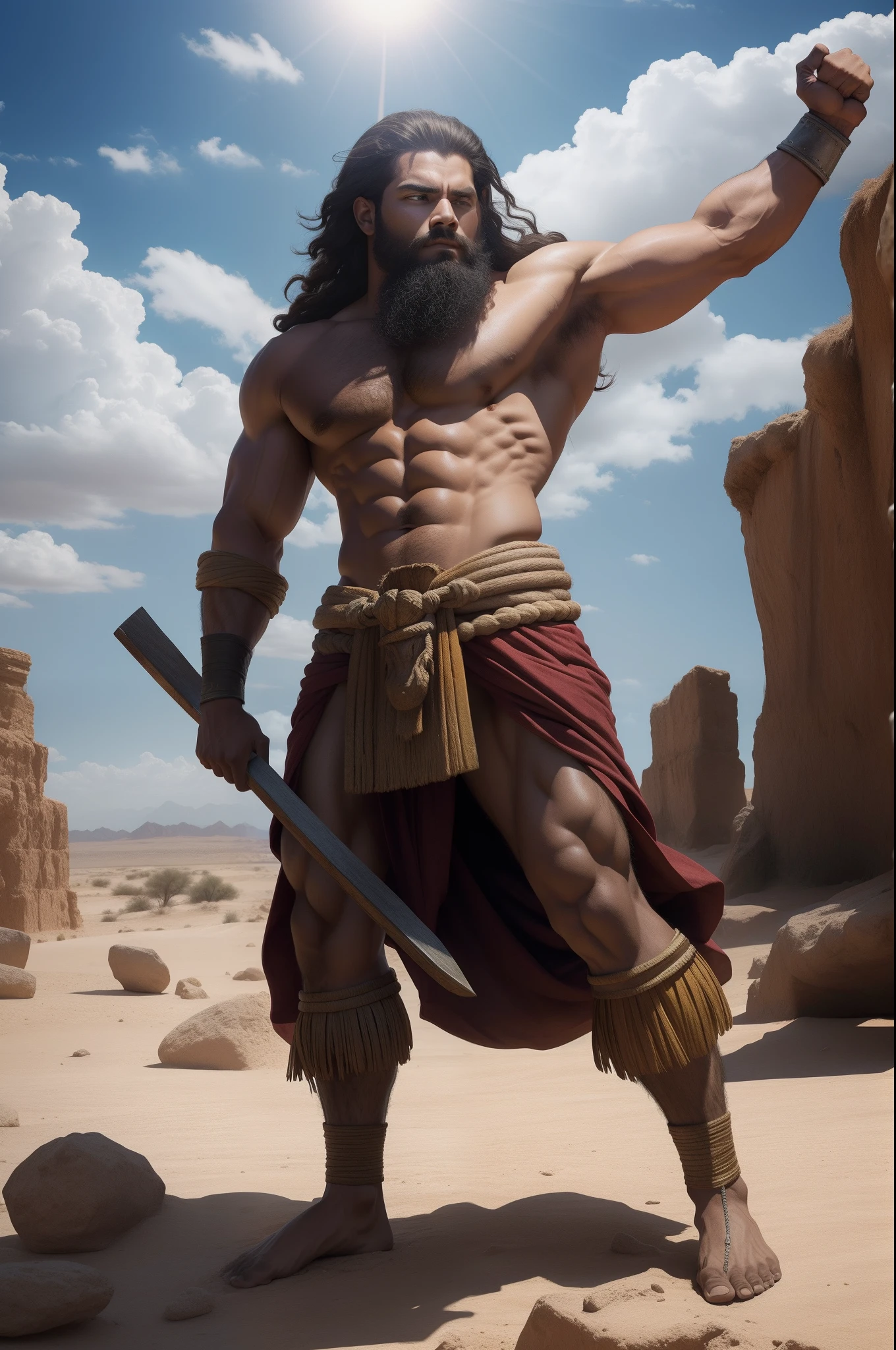 Samson standing up demonstrating strength, bravo, deserto, gritando, Bible, Biblical character, estilo realista