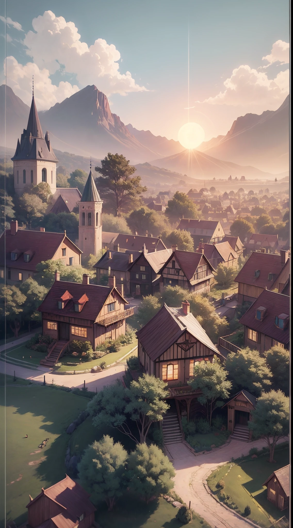 beautiful and elegant scenery of a huge medieval and fantasy-like village nestled between several trees and such, the view should be behind a few village houses to set the dynamic view, the sun is shining brightly from above, cinematic, realistic shading and lighting, 4k, 8k, anime, anime drawing, anime sketch, anime style, anime illustration, anime screenshot --auto --s2