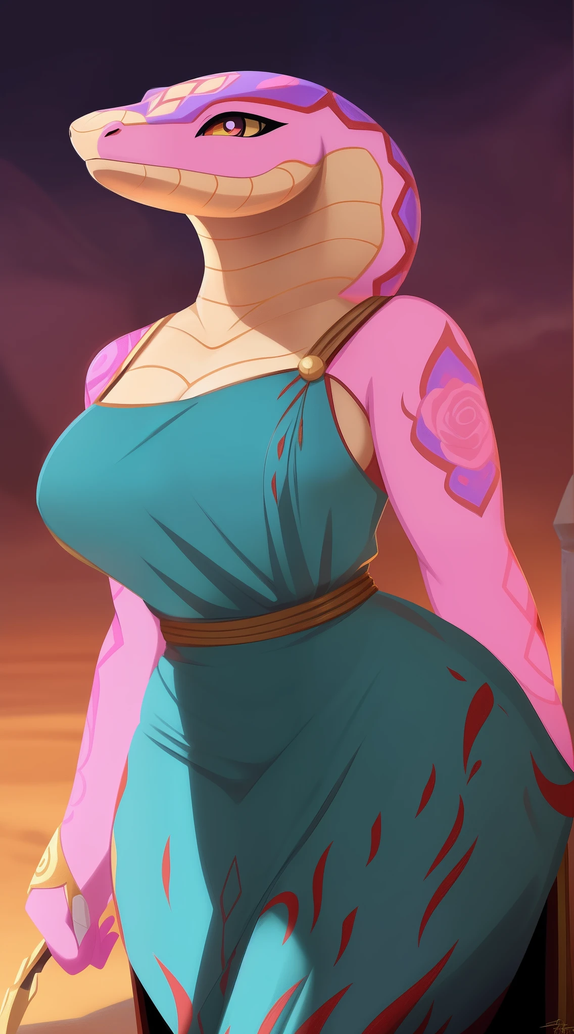 ((Mejor calidad)), ((Obra maestra)), (Muy detallado: 1.3), Cuerpo Completo, 8k ,VESTIDO ROSA, Roto, SNAKE, SERPIENTE, Mujer , Femenino
