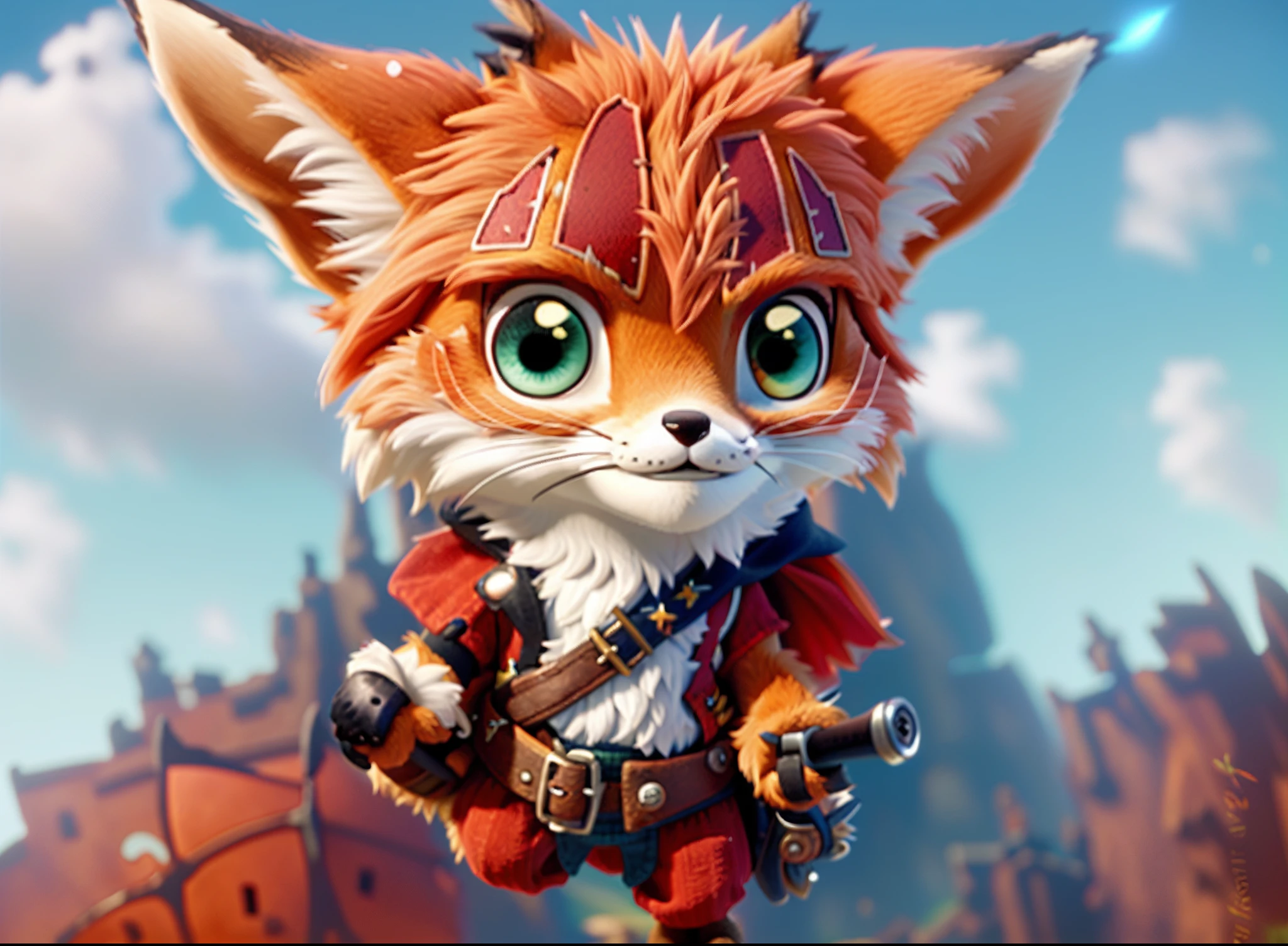 A closeup of a cute little red cartoon colored fox with a sword wearing medieval pirate costumes style a red fox A pet in an illustration A pet for an RPG A medieval art in the background A big ocean and a storm in the sea This fox is a pirate and has a big wave on the horizon