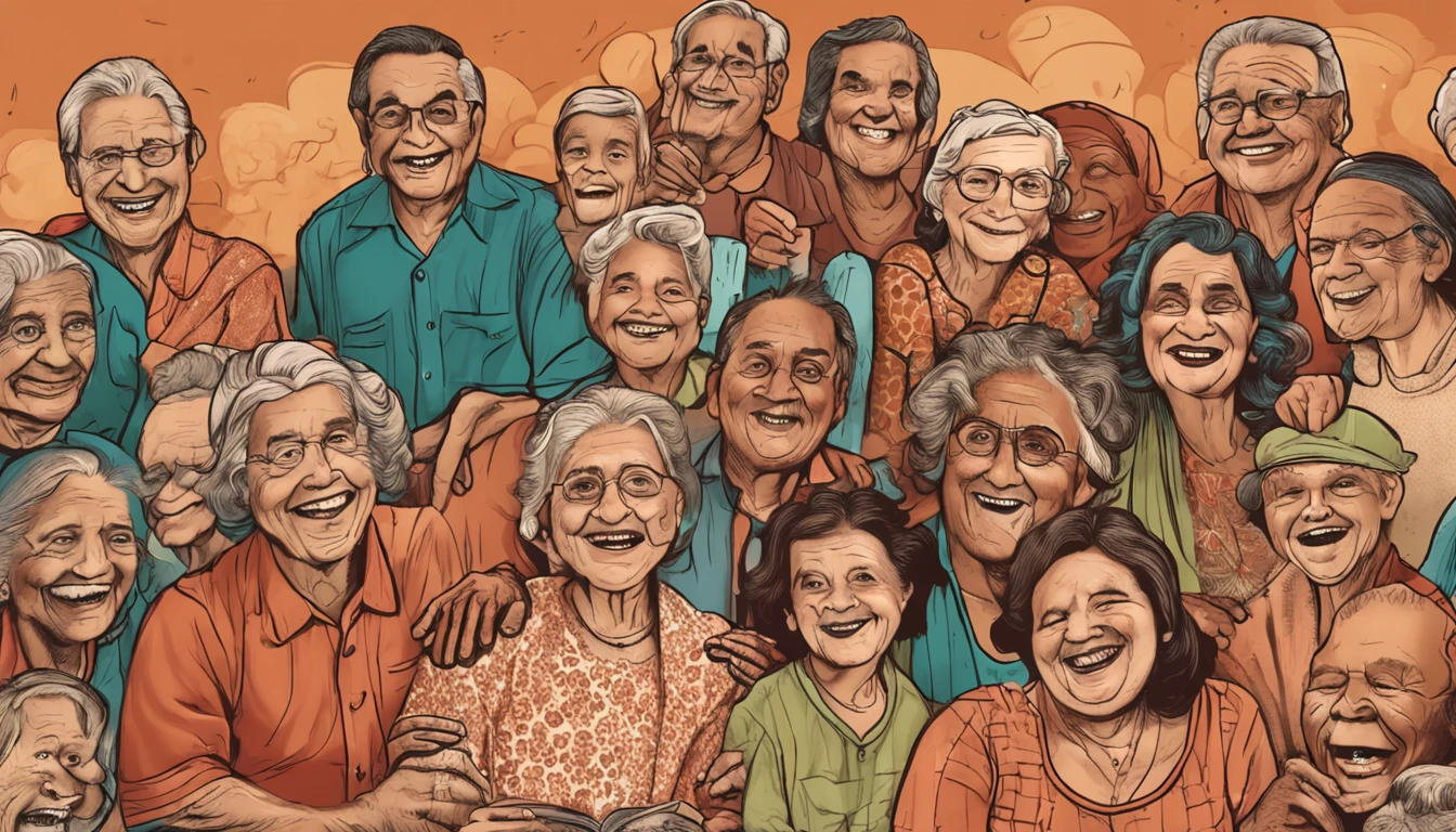 Uma cena radiante ganha vida na imagem, where an intergenerational group gathers with glowing smiles, sharing moments that will never be forgotten. The capture perfectly portrays the contagious joy and deep connection that permeates the different generations present there. The sparkling looks and affectionate hugs testify to the union of the ages, forming a tapestry of enriching memories. A legenda "Uniting generations with the flame of the jovial spirit, We create memories for a lifetime" complementa a cena com uma pitada de poesia, enfatizando o valor duradouro desses momentos compartilhados.