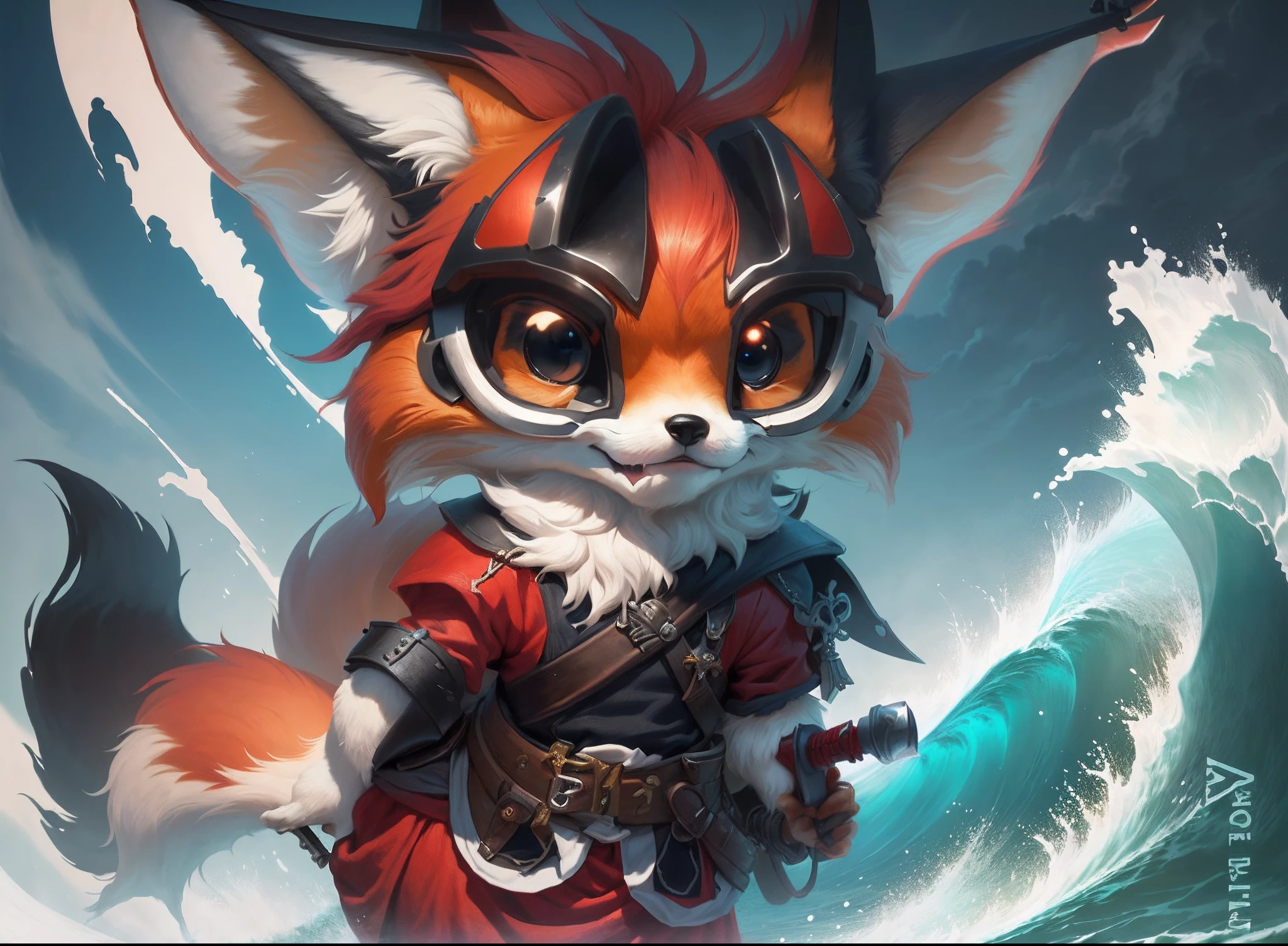 A closeup of a cute little red cartoon colored fox with a sword wearing medieval pirate costumes style a red fox A pet in an illustration A pet for an RPG A medieval art in the background A big ocean and a storm in the sea This fox is a pirate and has a big wave on the horizon