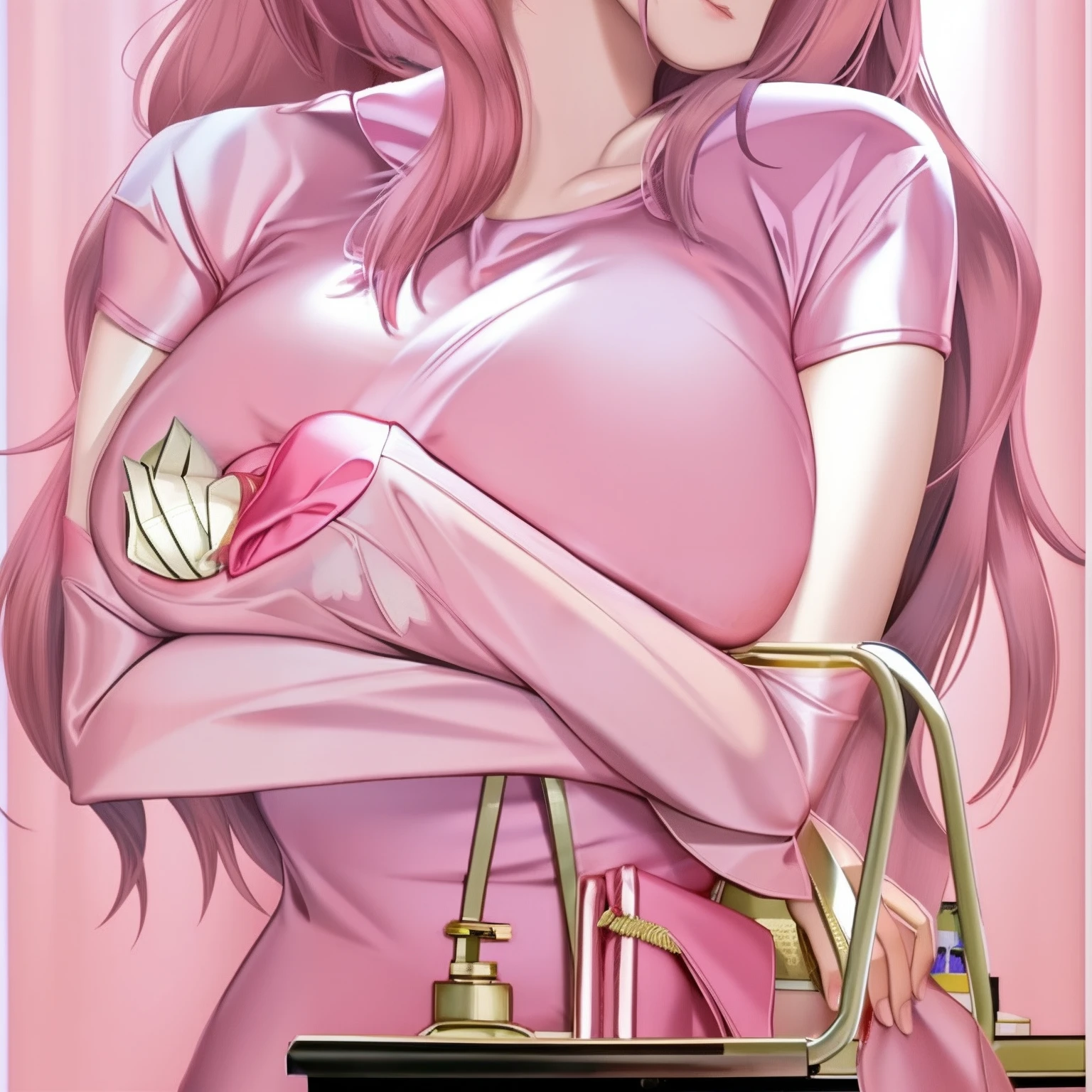 a close up of a woman in a pink dress holding a purse, oppai, seductive anime girl, with a large breasts, (sfw) safe for work, beautiful alluring anime woman, biomechanical oppai, misato katsuragi, nico robin, beautiful alluring anime teen, attractive anime girl, with large breasts, touching her clothes