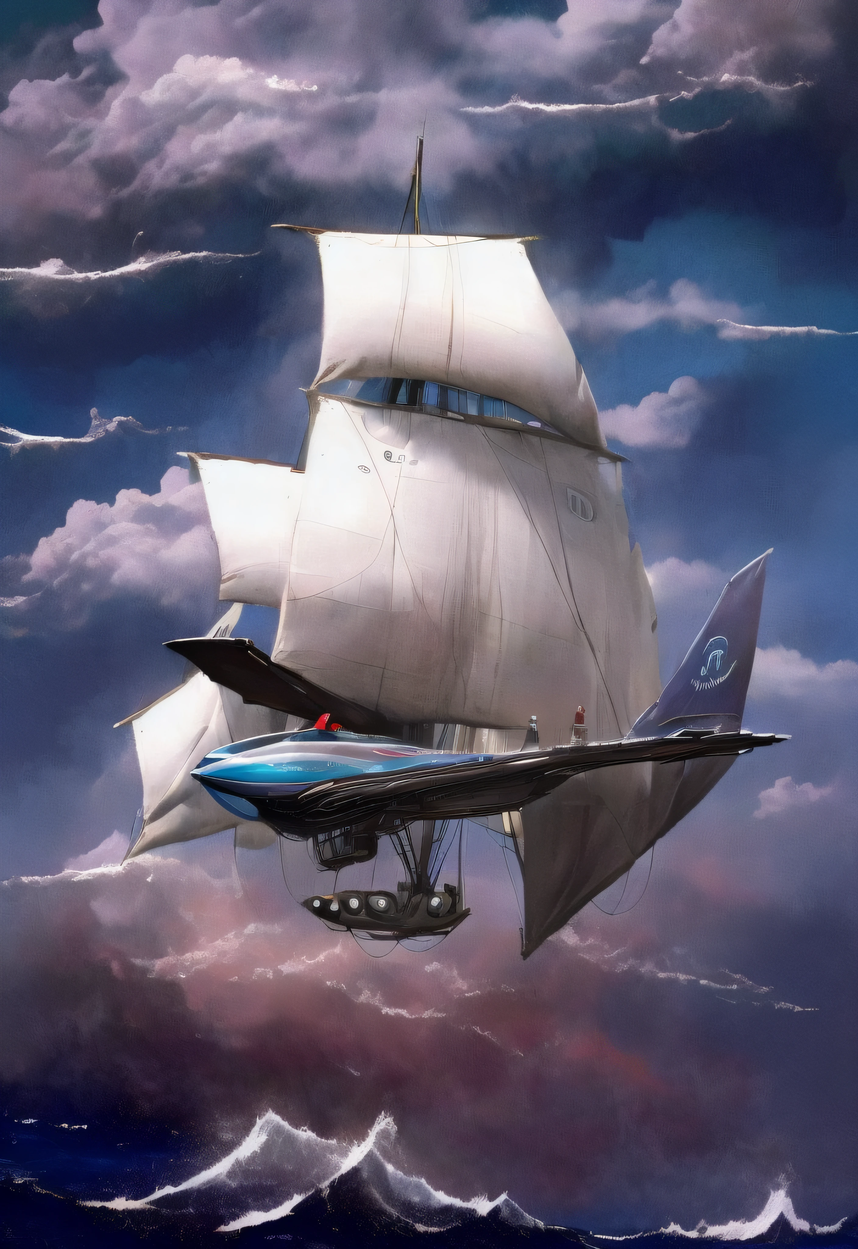 Super velero futurista volando entre las nubes y muy abajo el mar embravecido con olas enormes que se estrellan en los acantilados a lo lejos