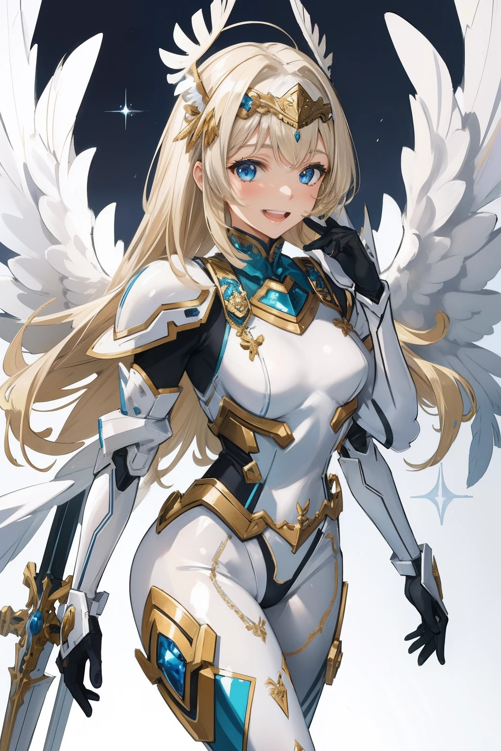 (master piece, Best Quality), Intricate details, valkyrie, kawaii, Happy, (((Laugh))), Villainous smile, Hand up, Looking at Viewer, Feather Headgear, Flower meadow,
1 girl in, Solo, Portrait, Tentacle Plutinum Blonde Hair, drooping iceblue eyes, Silver Single Thigh, White Independent Single Sleeve, gloves, Single braid,
mecha musume, White bodysuit, Silver Reinforced Suit, Mini Feather Wing, silver pantyhose, full armor, flower decoration, equip sword,