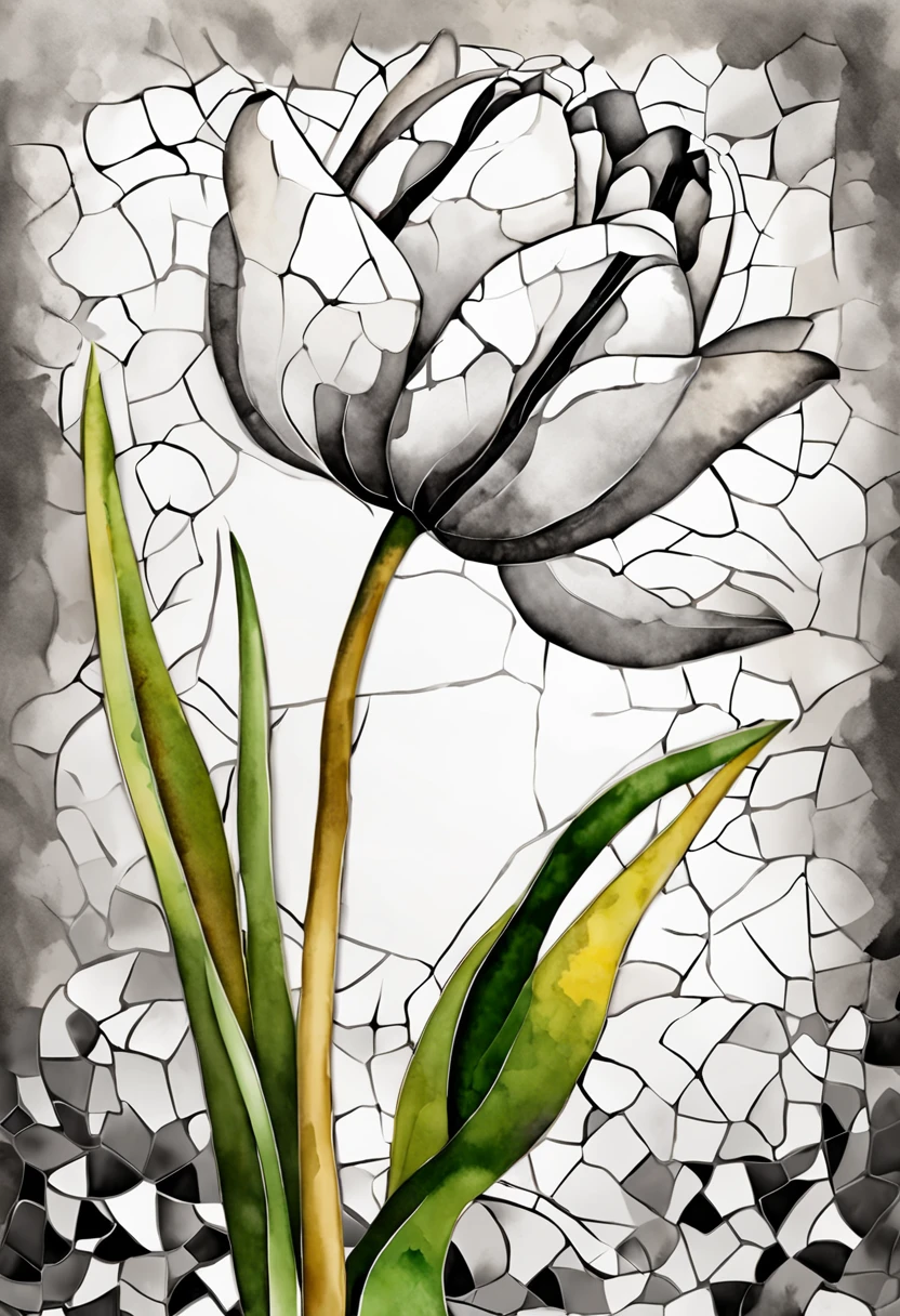 uma tulipa estilizada em mosaico preto e branco, obra de Laura Gomez, detalhes meticulosos dos fragmentos, contraste marcante entre os tons, texture that evokes a sense of depth, composition that enhances the beauty and elegance of the flower (melhor qualidade), (8K resolution), (ultra highres)