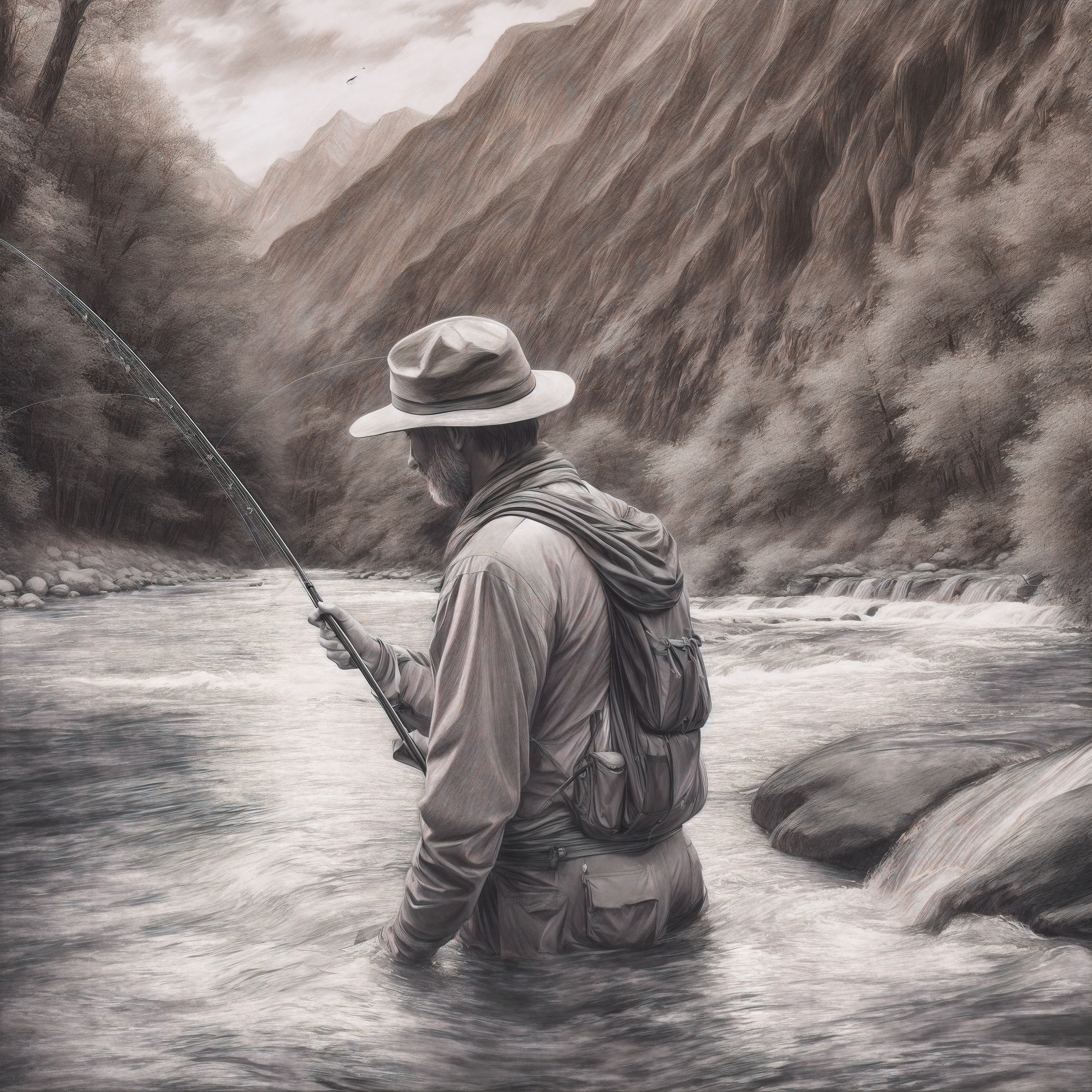 Charcoal drawing,monochrome, black and white,breathtaking details, 8k resolution, photo-realistic, photorealism, picturesque scene of a man standing in a flowing river, fly fishing,fl fishing clothes, fishing rod in hands. surrounded by flowing river and mountains. By Walter Arlaud.
