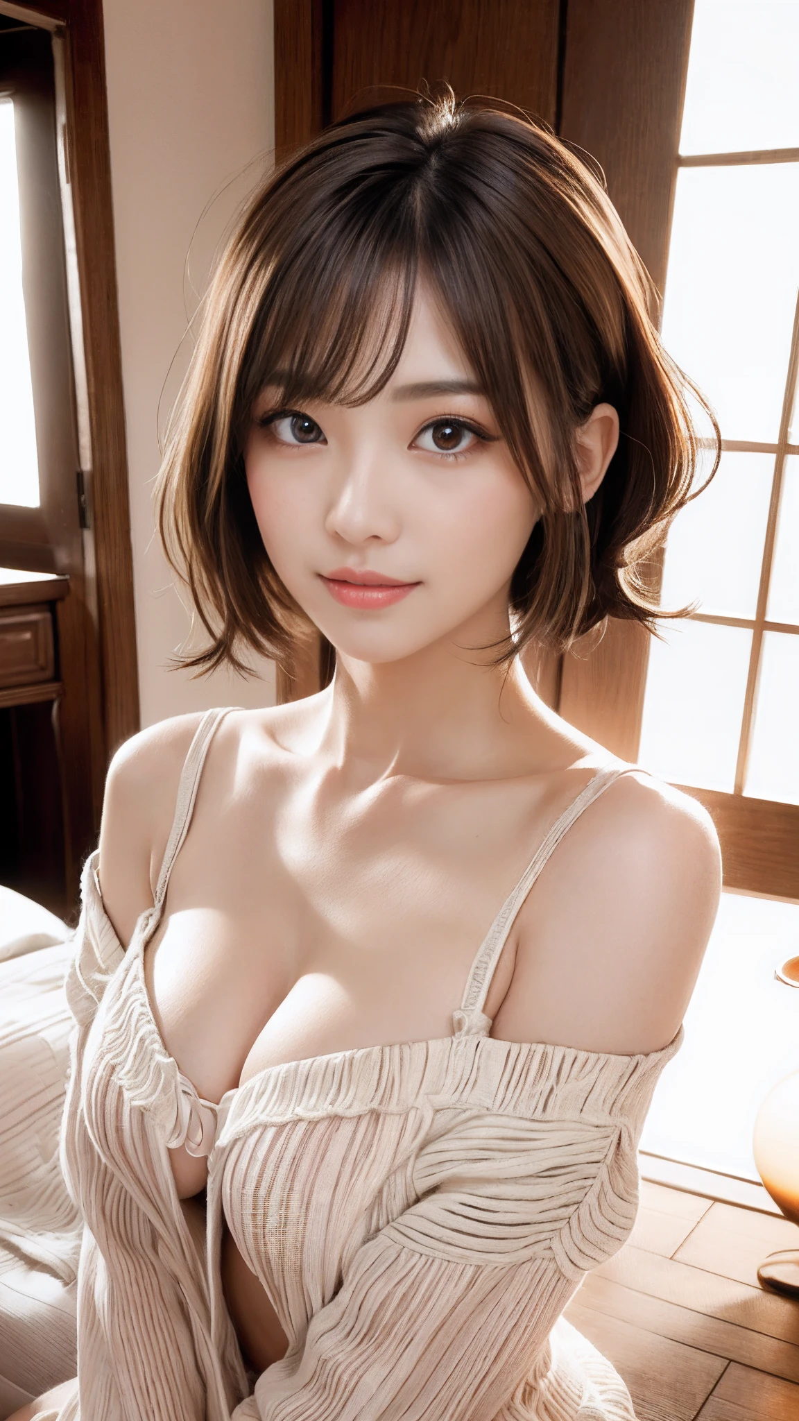 arafed asian woman with a very large breast posing for a picture, With short hair, Realistic Young Gravure Idol, (((beautiful countenance))),(((big eye))),(((Beautiful eyes))),(((long lashes))),((Beautiful teeth alignment)),Beautiful Asian Girl, gorgeous chinese model, lovely delicate face, goddess of Japan, with cute doting eyes, short brown hair and large eyes, Seductive Anime Girl, Hyper realistic anime, Young Sensual Gravure Idol, Realistic sensual gravure idol,(((Colossal tits))),