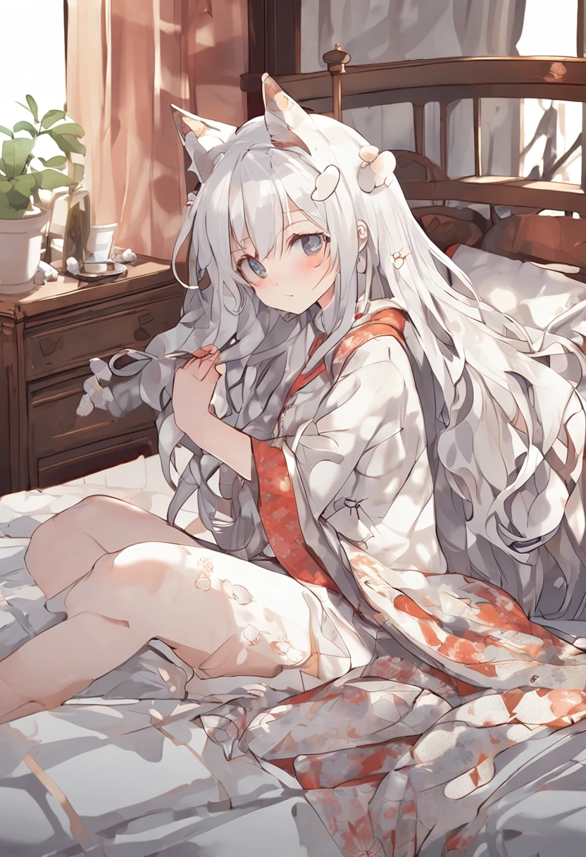 Painting Style - Manga) (Bed at home) (Character - Cat-eared girl) (Hairstyle - long hair + White hair color+Cat's ears) (Costume - pajamas with floral prints + Quilt)(More so big white cat)