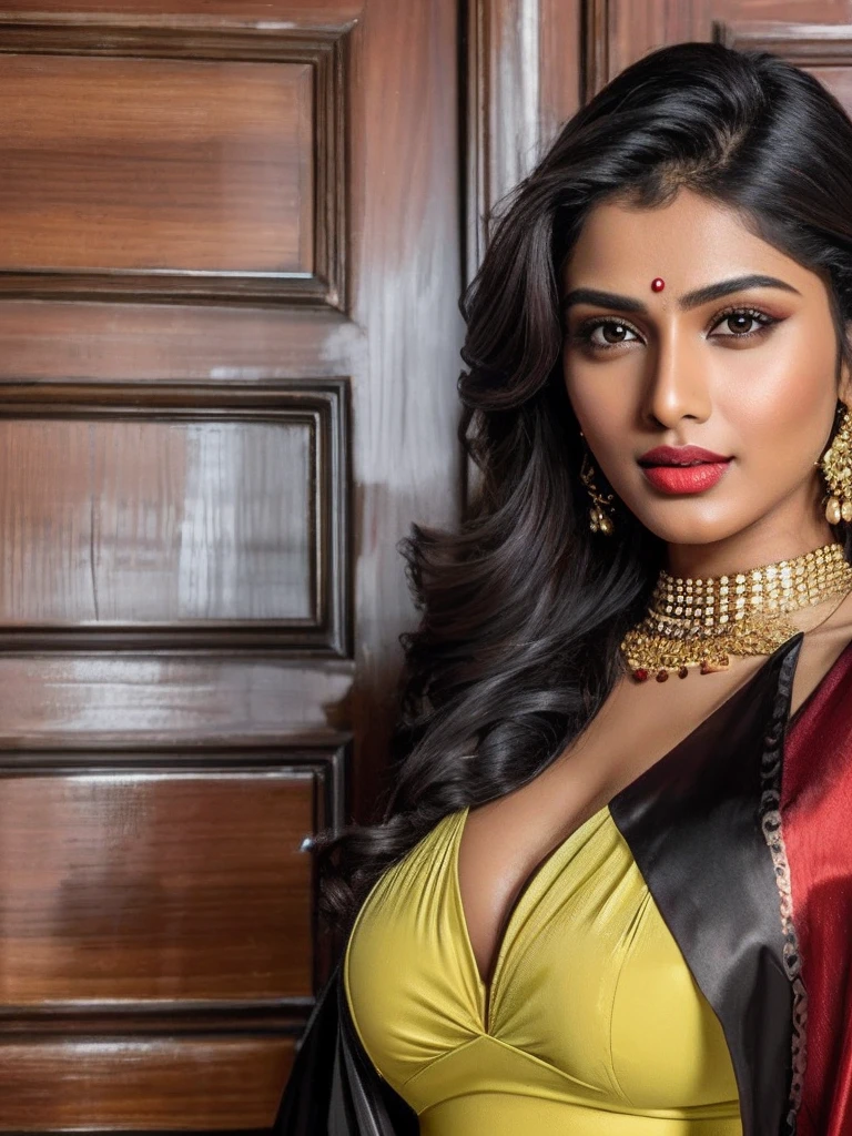professional 8k high detail photo of ara333 looking at the camera, portrait of super indian model, beautiful face, big breast, dark red lips, fair glowing skin