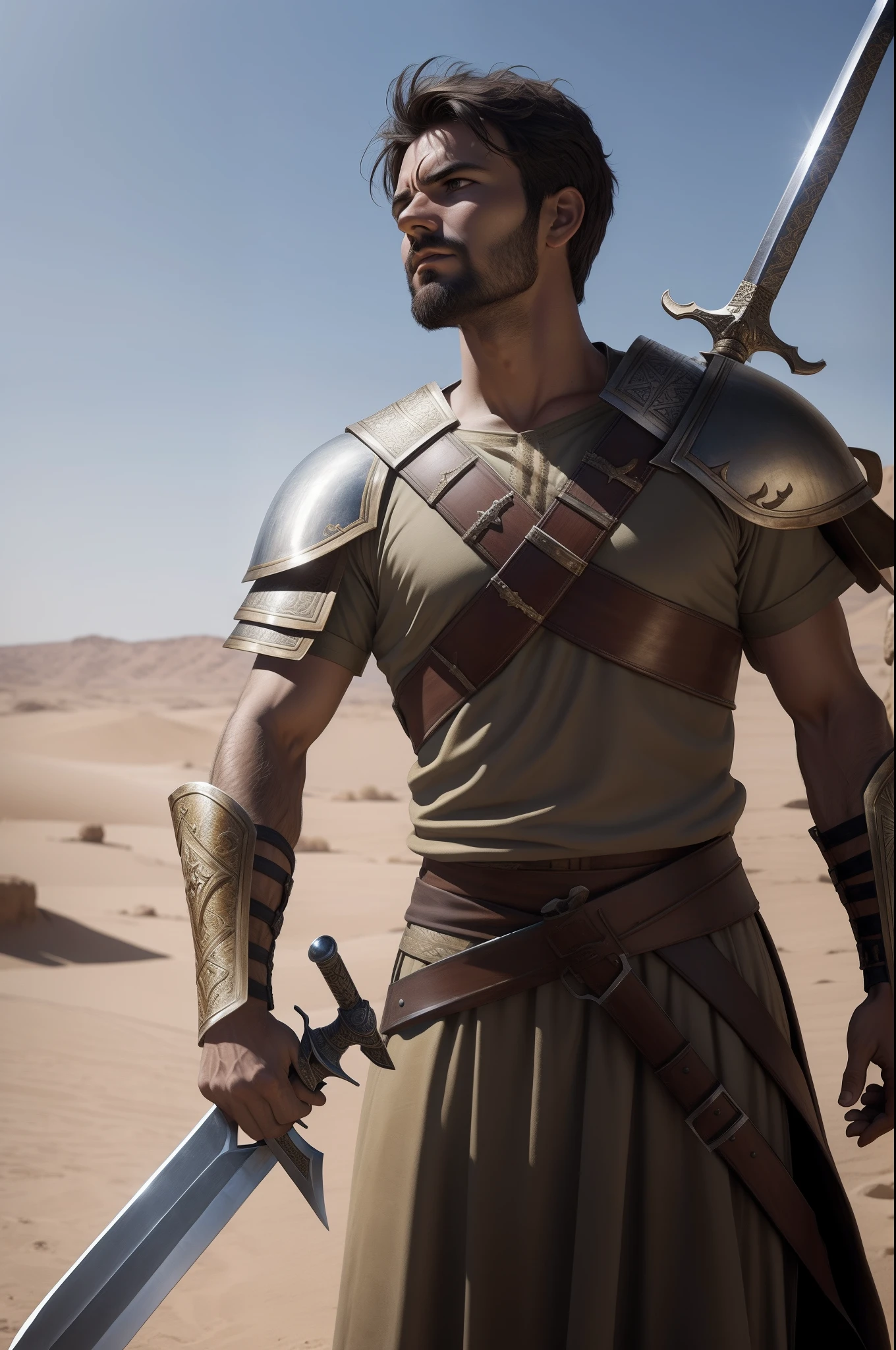 Gideon looking up with sword in hand, biblical warrior, deserto, gritando, Bible, Biblical character, estilo realista