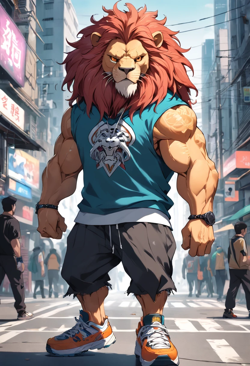 ((foto crua)), ((obra-prima)), Anthropomorphic humanoid lion wearing streetwear clothes, andando entre as pessoas, detalhe intrincado, intricate Greebles pieces, city behind, sneaker, corpo musculoso, muscular arms, small head, Ogro monstruoso, Titan, soft-lighting